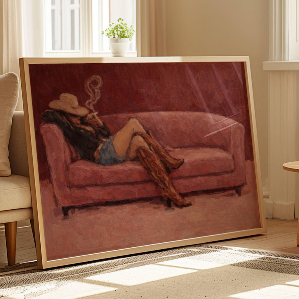 abstract Western wall art featuring an off-duty cowgirl reclining on a blush dusty pink sofa in cowboy boots and cowboy hat, inspired by western and contemporary folk aesthetics. This is a hand drawn Contemporary western art Print Oil Painting.