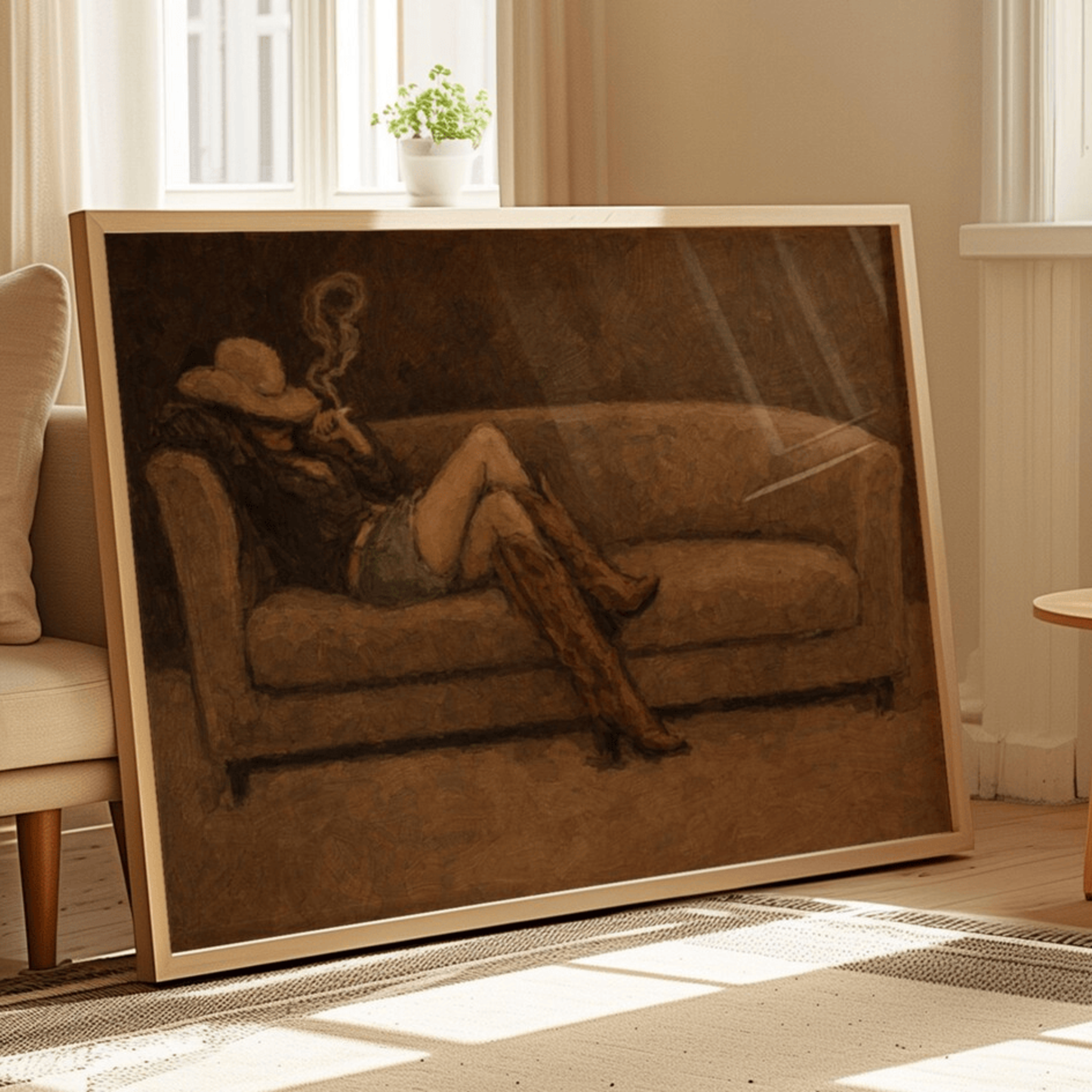 abstract Western wall art featuring an off-duty cowgirl reclining on a khaki brown sofa in cowboy boots and cowboy hat, inspired by western and contemporary folk aesthetics. This is a hand drawn Contemporary western art Print Oil Painting.