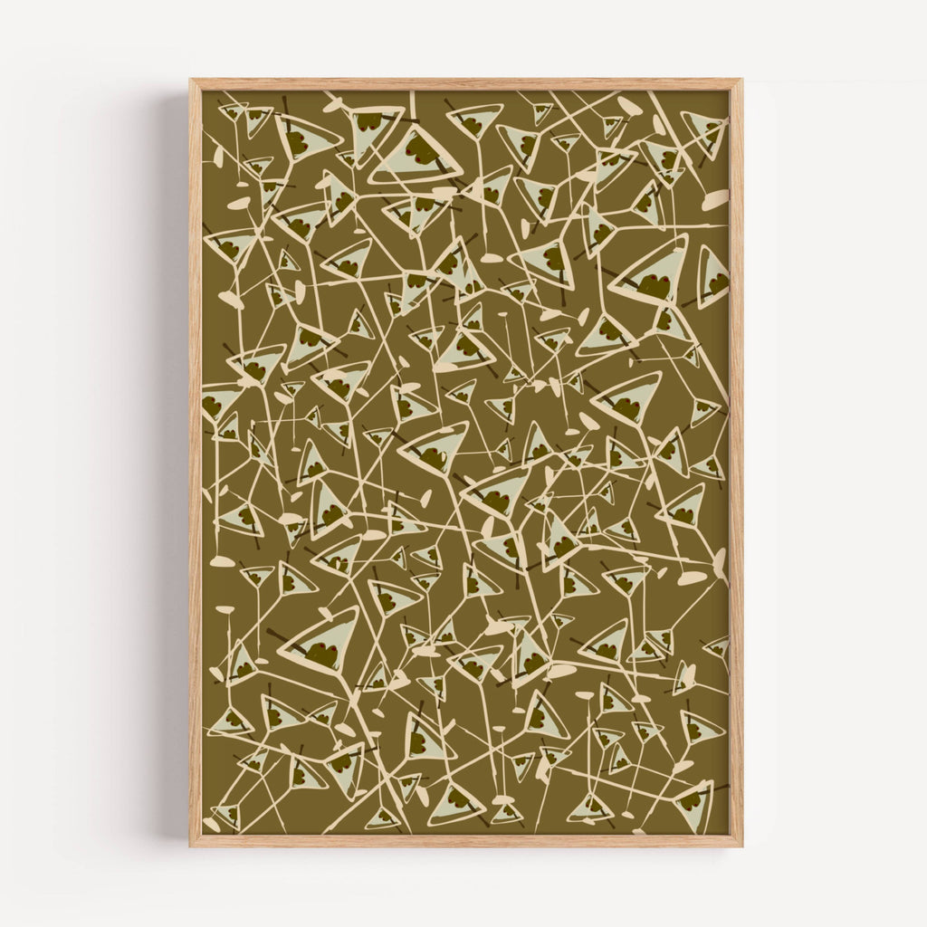 Olive Martini pattern Kitchen wall art with hand drawn cocktail illustrations on a khaki background, inspired by Mediterranean aperitivo culture. This is a hand drawn cocktail Oil Painting kitchen and bar cart art Print decor for playful kitchens, dining spaces and eclectic interiors.