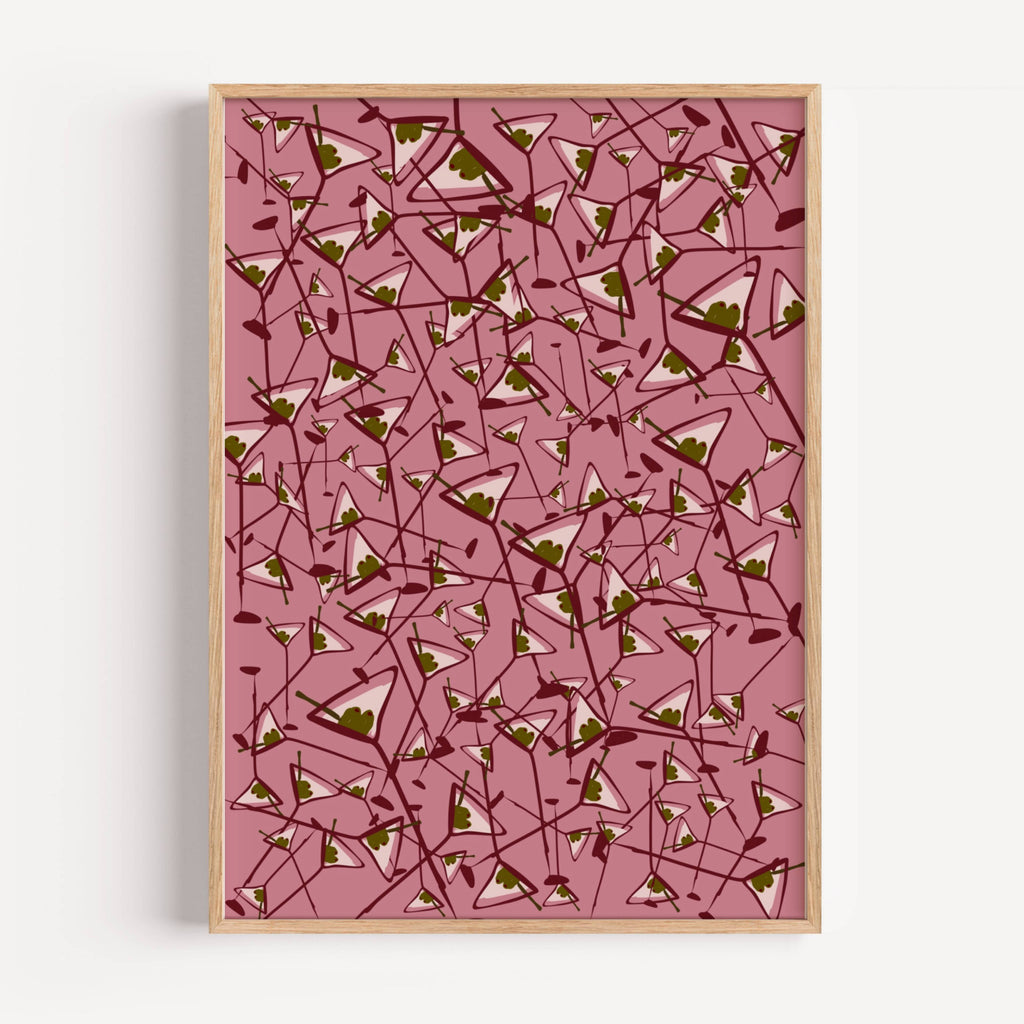 Olive Martini pattern Kitchen wall art with hand drawn cocktail illustrations on a pink and ruby background, inspired by Mediterranean aperitivo culture. This is a hand drawn cocktail Oil Painting kitchen and bar cart art Print decor for playful kitchens, dining spaces and eclectic interiors.