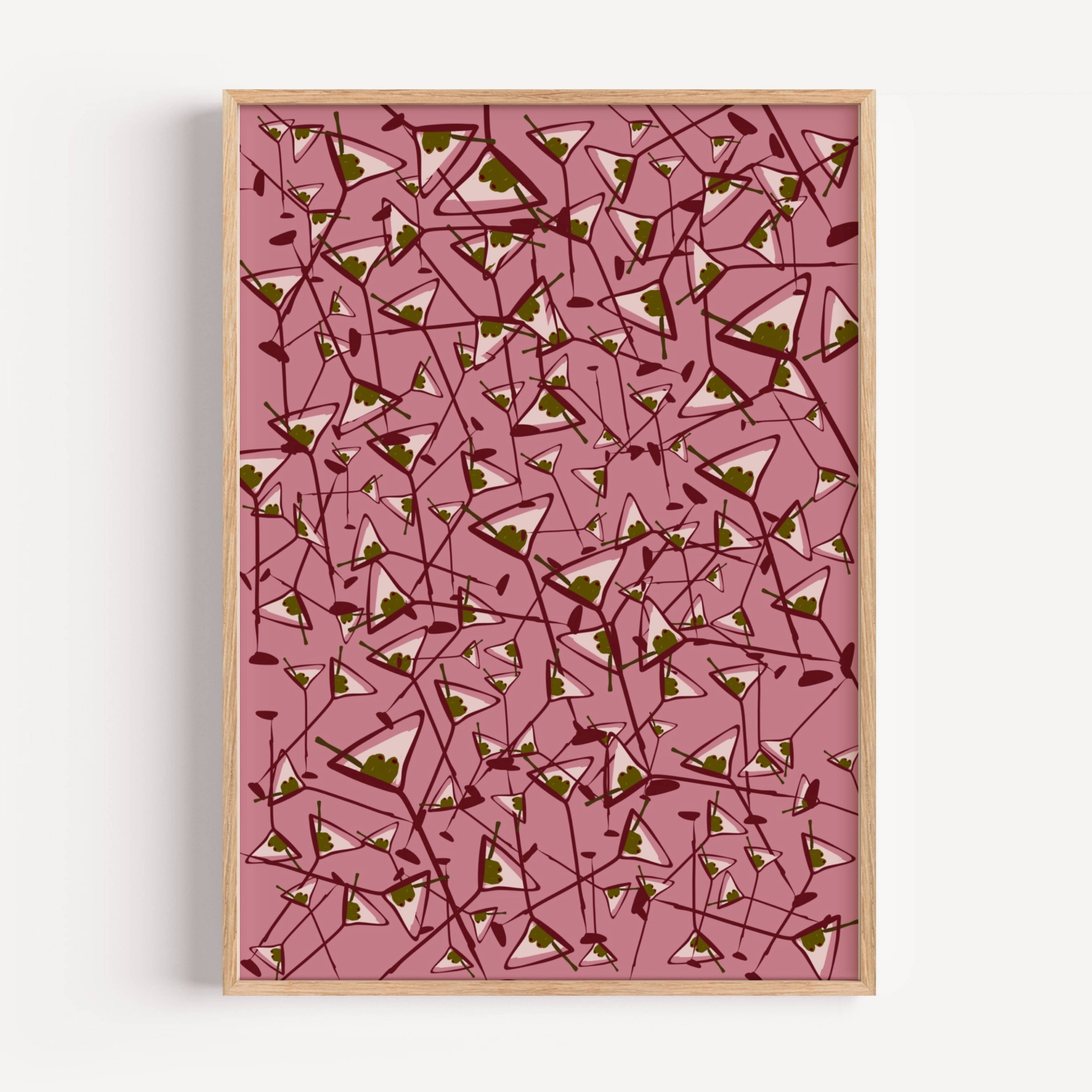 Olive Martini pattern Kitchen wall art with hand drawn cocktail illustrations on a pink and ruby background, inspired by Mediterranean aperitivo culture. This is a hand drawn cocktail Oil Painting kitchen and bar cart art Print decor for playful kitchens, dining spaces and eclectic interiors.