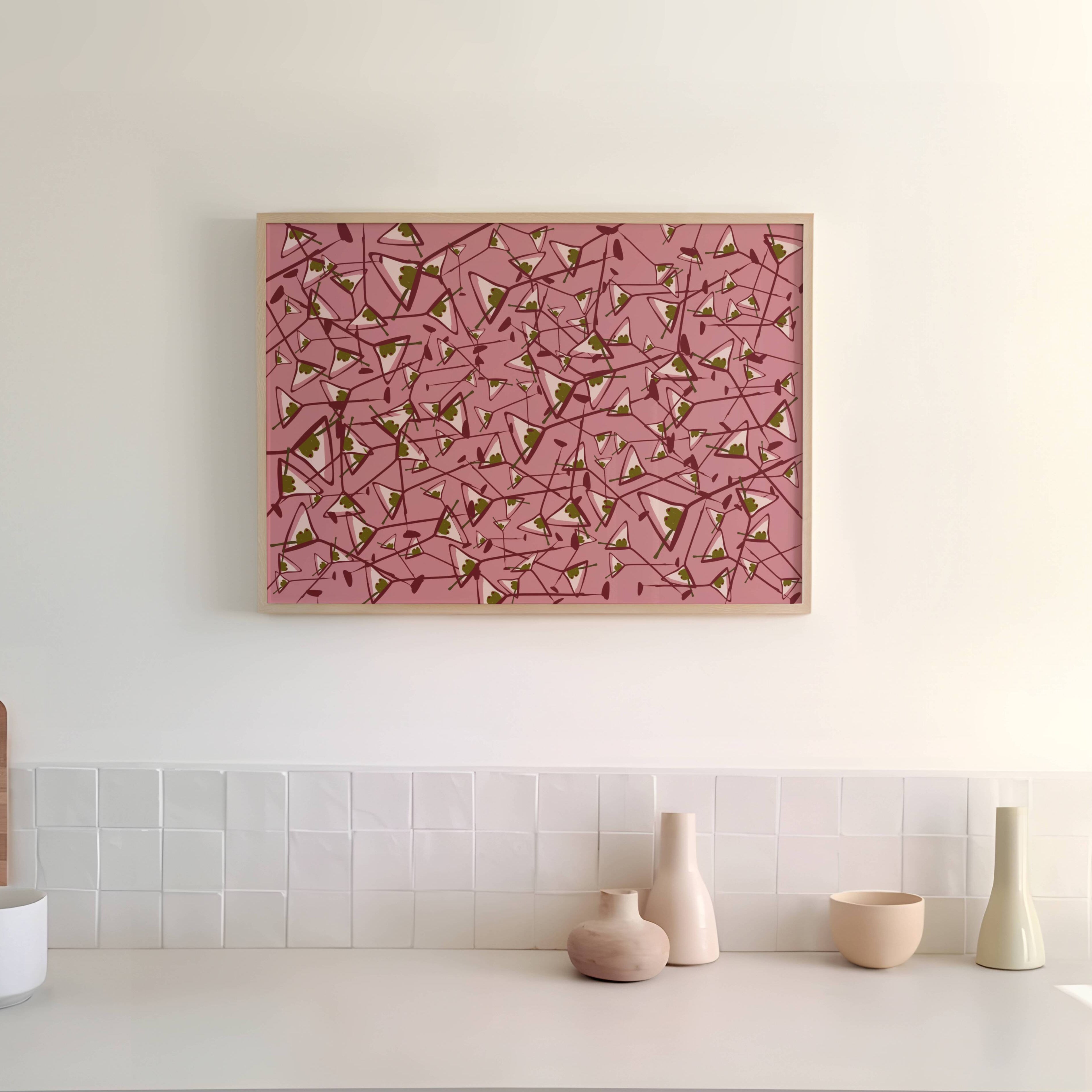 Olive Martini pattern Kitchen wall art with hand drawn cocktail illustrations on a pink and ruby background, inspired by Mediterranean aperitivo culture. This is a hand drawn cocktail Oil Painting kitchen and bar cart art Print decor for playful kitchens, dining spaces and eclectic interiors.