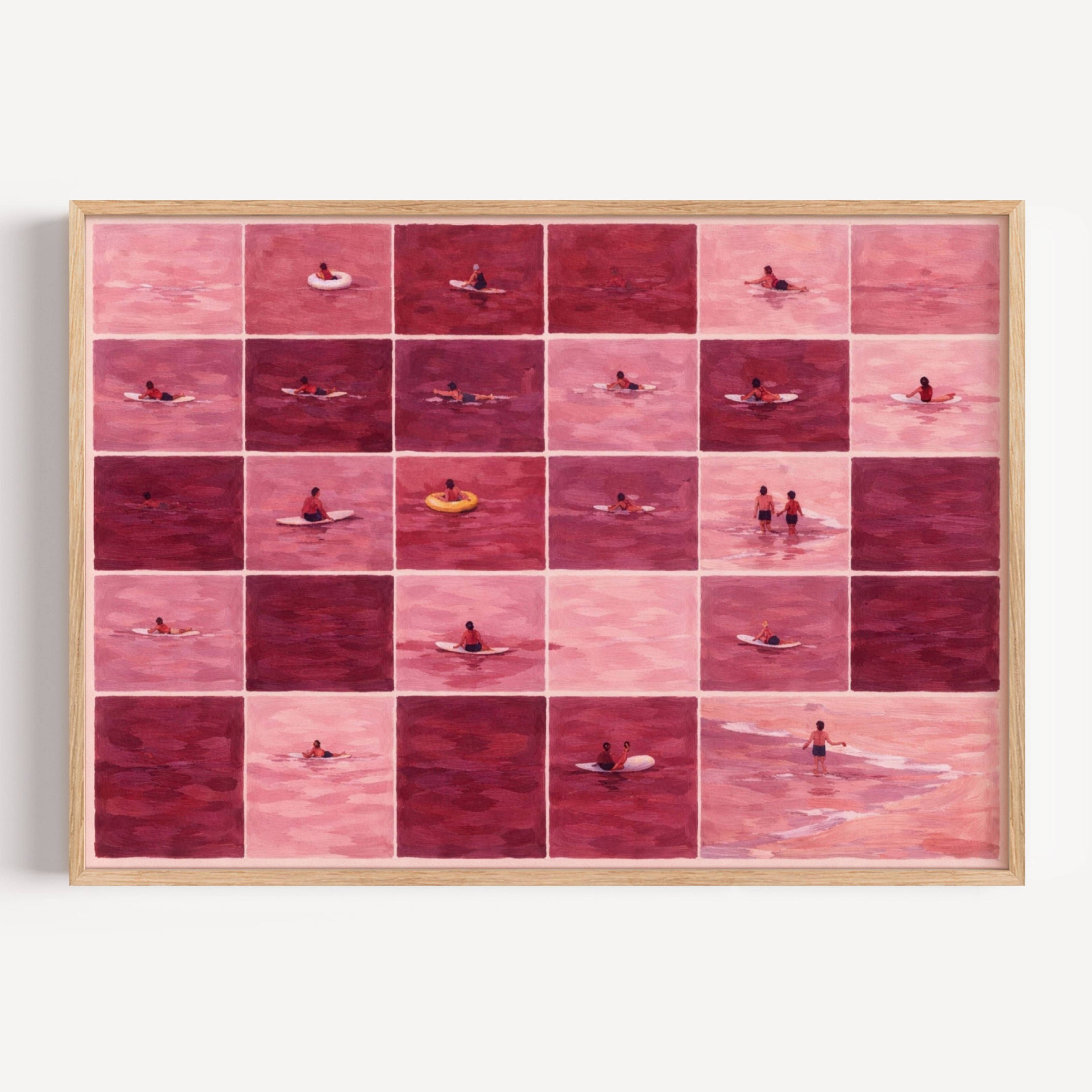 PINK TIDE Tiny Swimmers Pool Oil Painting Print, Minimalist Tiny People Swimming in Pink Ruby Sea Wall Art, Hand Drawn Girly Summer Aerial beach print , coastal wall art decor