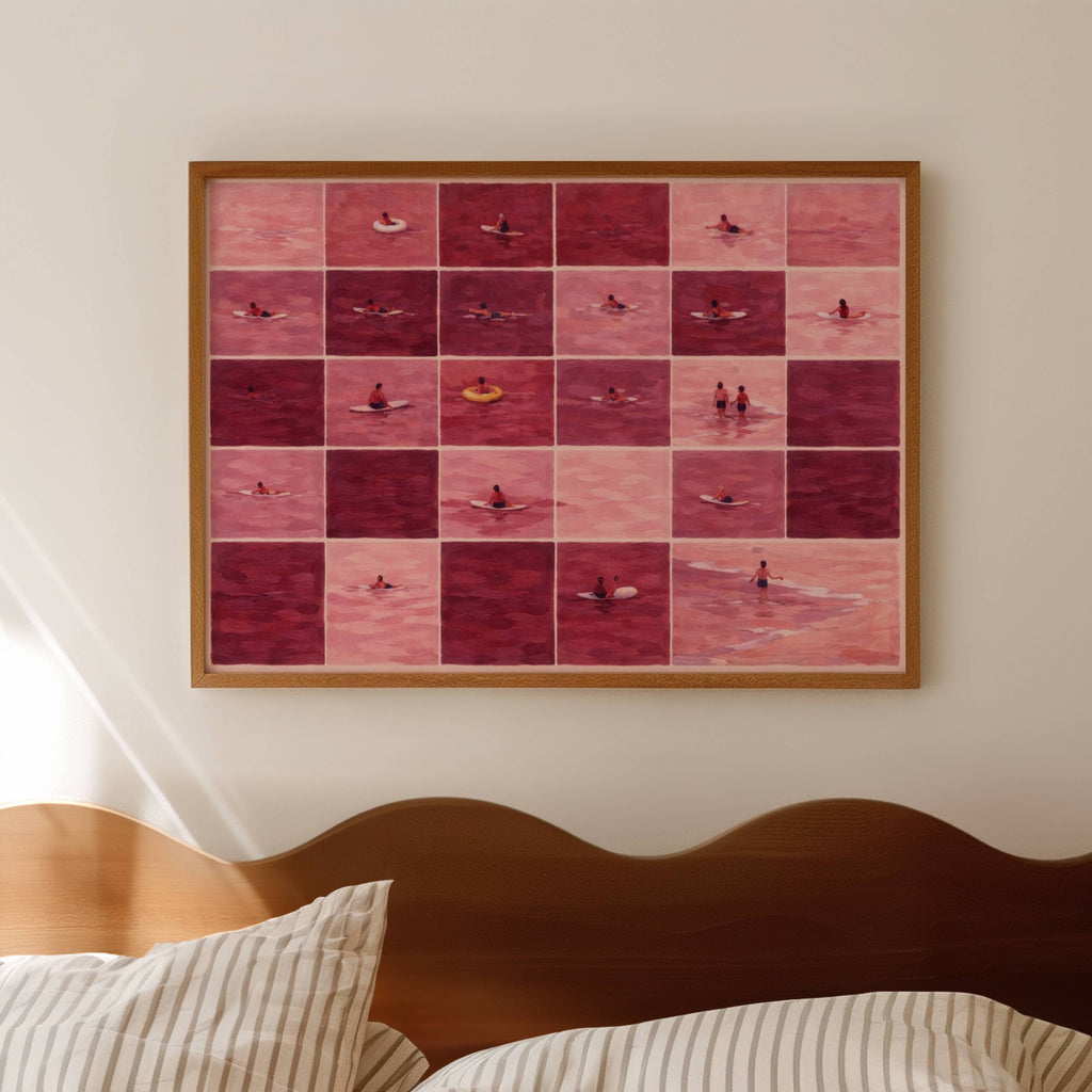 PINK TIDE Tiny Swimmers Pool Oil Painting Print, Minimalist Tiny People Swimming in Pink Ruby Sea Wall Art, Hand Drawn Girly Summer Aerial beach print , coastal wall art decor