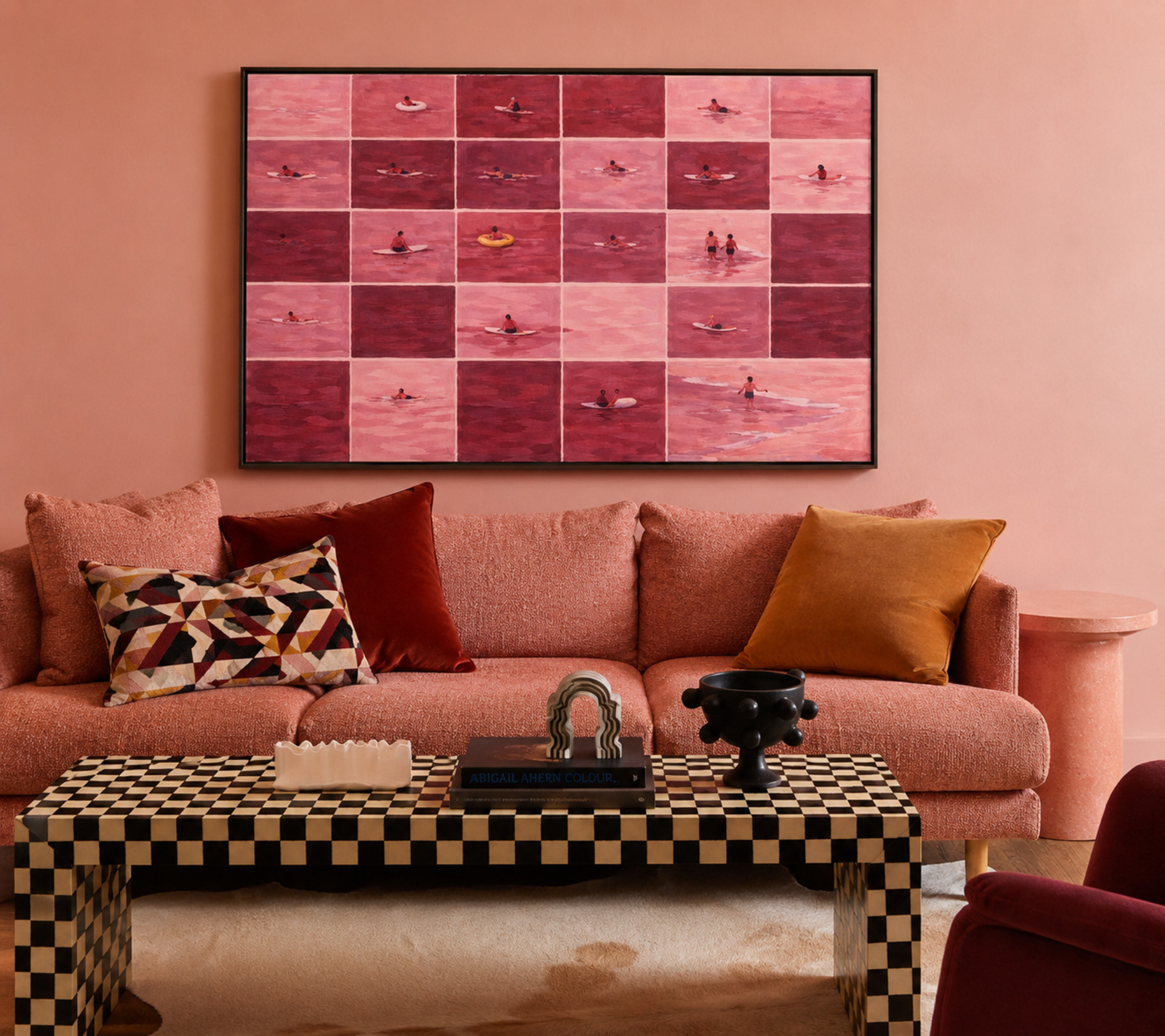 PINK TIDE Tiny Swimmers Pool Oil Painting Print, Minimalist Tiny People Swimming in Pink Ruby Sea Wall Art, Hand Drawn Girly Summer Aerial beach print , coastal wall art decor