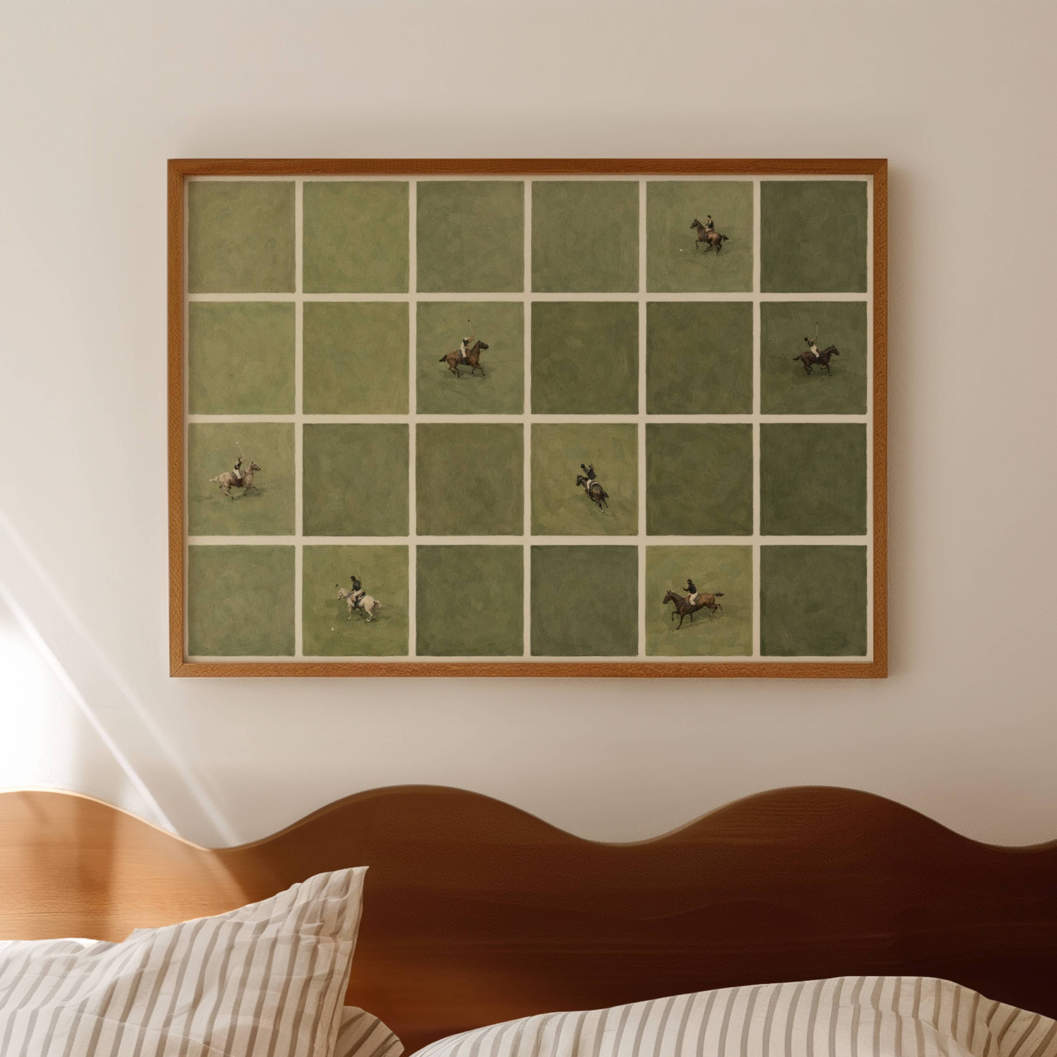 Minimalist Tiny Polo Players Oil Painting Print, Horizontal Modern Abstract POLO equestrian Sports Wall Art, Hand Drawn Aerial Polo match Poster, horses wall art print, polo match oil painting