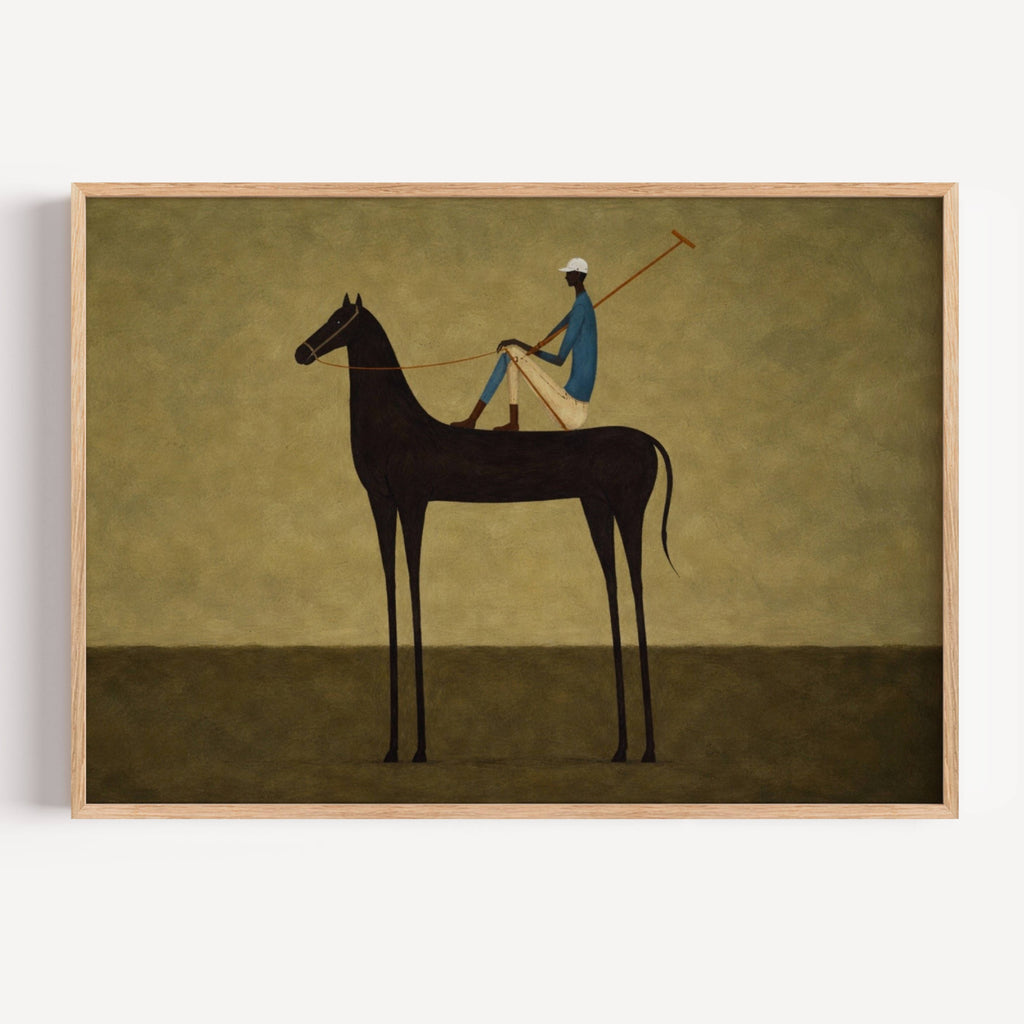 Minimalist Figurative Polo Horse Art print featuring a Polo Player Rider in earthy khaki tones and painterly texture. This is a Hand drawn oil painting print