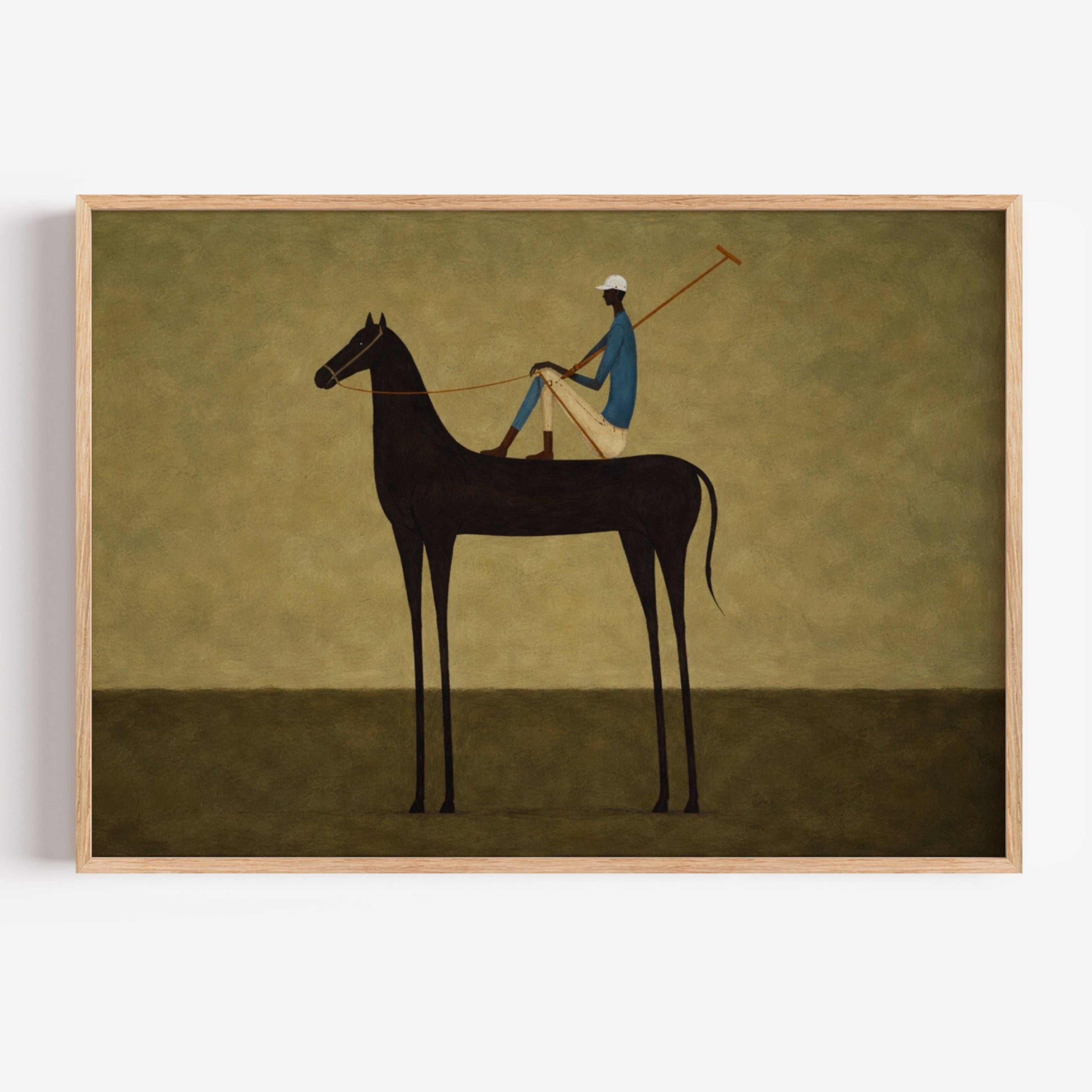 Minimalist Figurative Polo Horse Art print featuring a Polo Player Rider in earthy khaki tones and painterly texture. This is a Hand drawn oil painting print