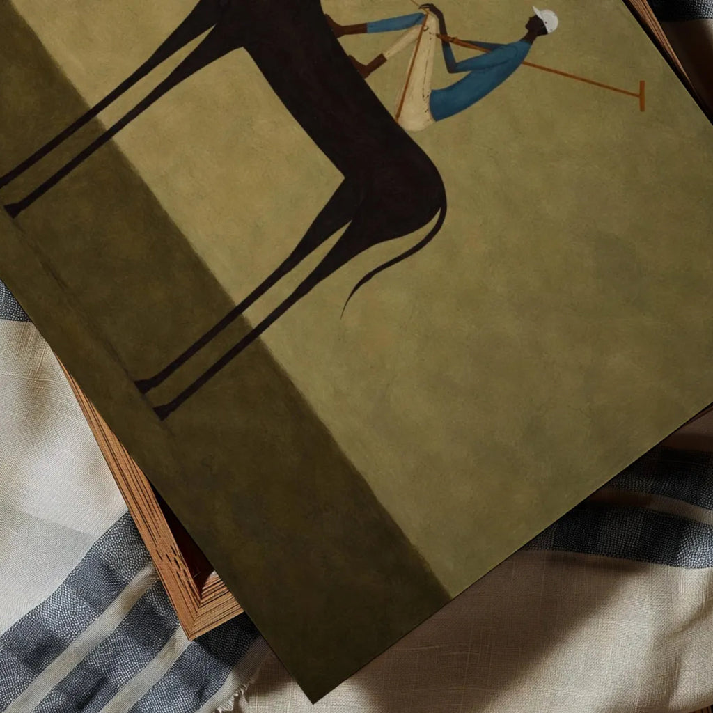 Minimalist Figurative Polo Horse Art print featuring a Polo Player Rider in earthy khaki tones and painterly texture. This is a Hand drawn oil painting print
