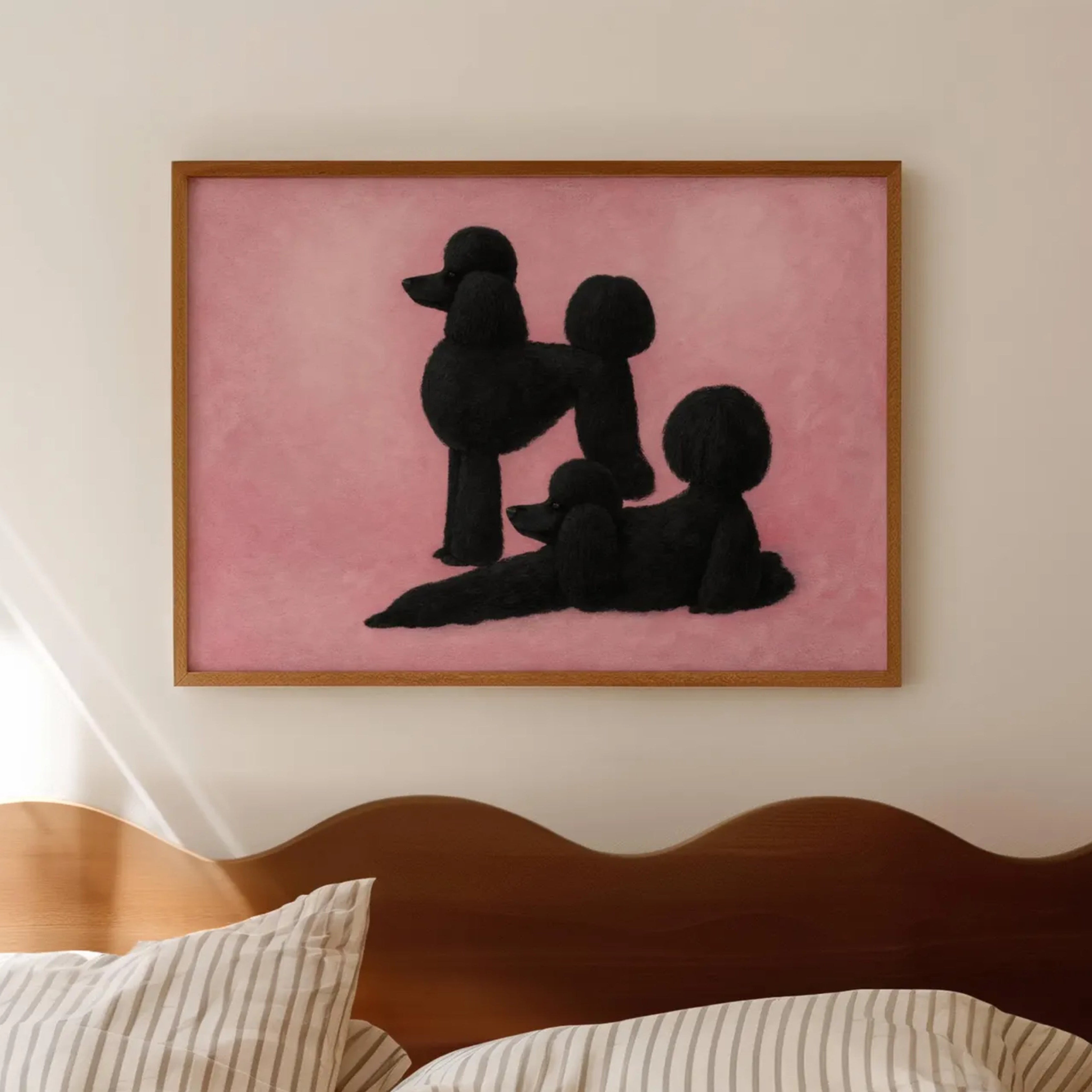 Poodle etiquette is a hand painted Minimalist Contemporary whimsical wall art print of two black poodles against a pink  background, inspired by quiet luxury interiors with expressive painterly texture. Minimalist Mid century modern figurative poodle dogs oil painting in cinematic nostalgia composition.