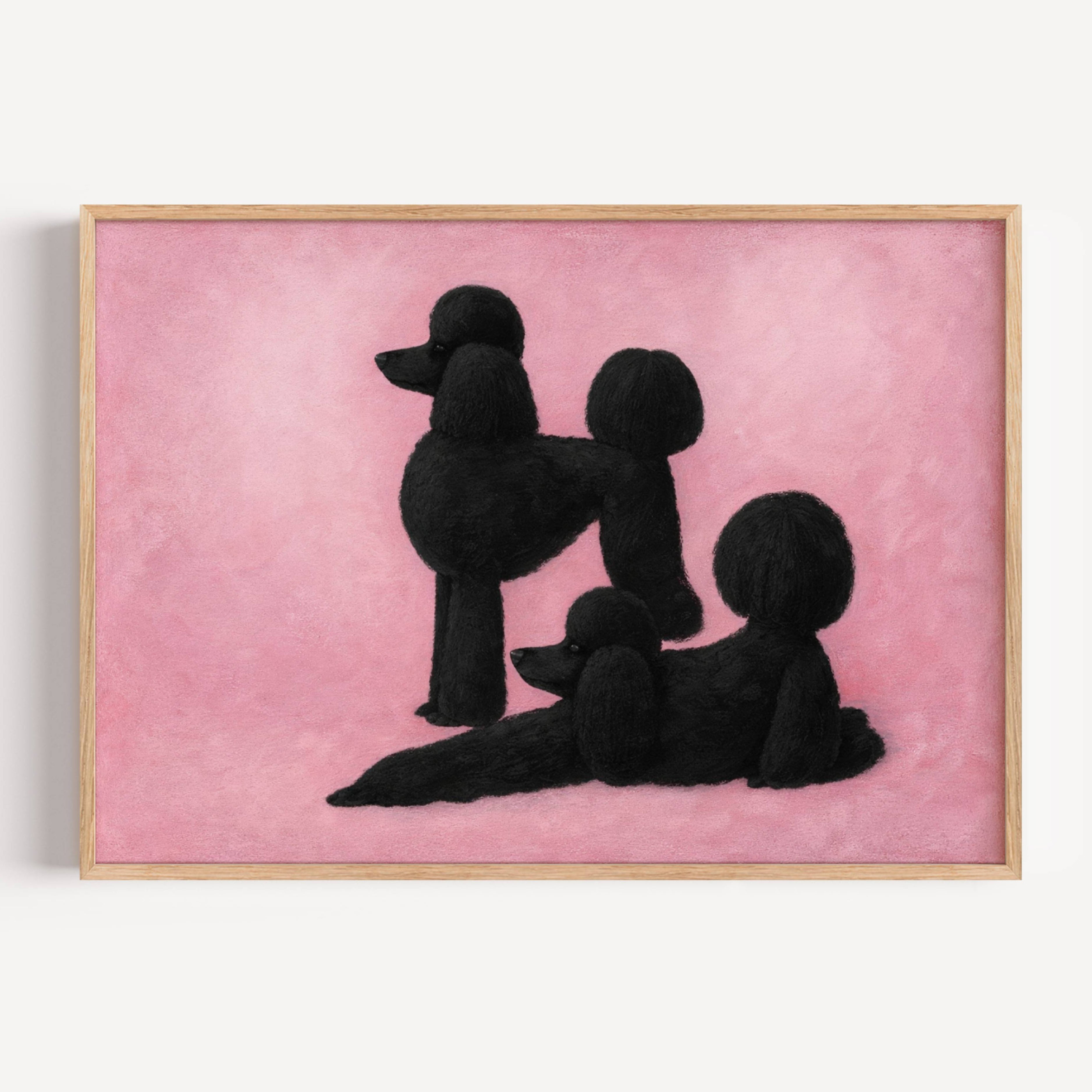 Poodle etiquette is a hand painted Minimalist Contemporary whimsical wall art print of two black poodles against a pink background, inspired by quiet luxury interiors with expressive painterly texture. Minimalist Mid century modern figurative poodle dogs oil painting in cinematic nostalgia composition.