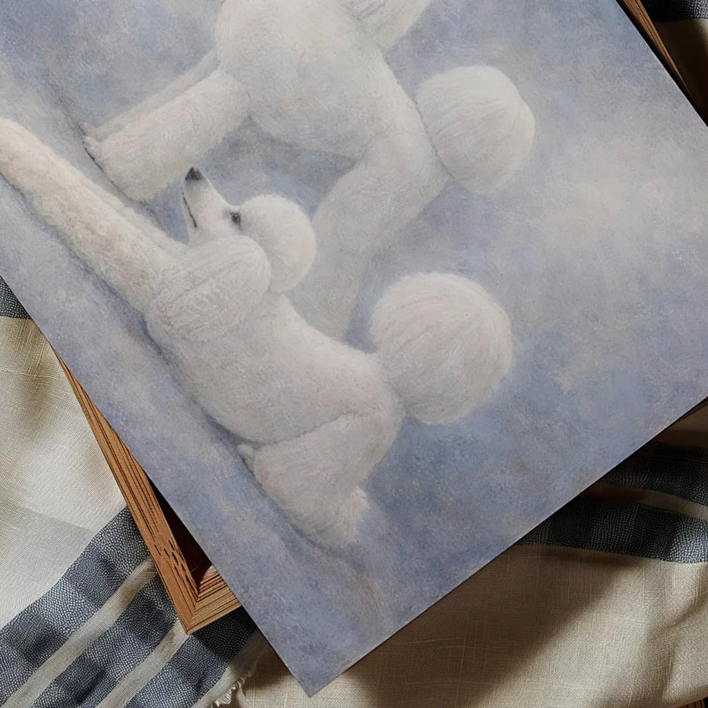 Poodle etiquette is a hand painted Minimalist Contemporary whimsical wall art print of two white poodles against a pastel blue background, inspired by quiet luxury interiors with expressive painterly texture. Minimalist Mid century modern figurative poodle dogs oil painting in cinematic nostalgia composition.