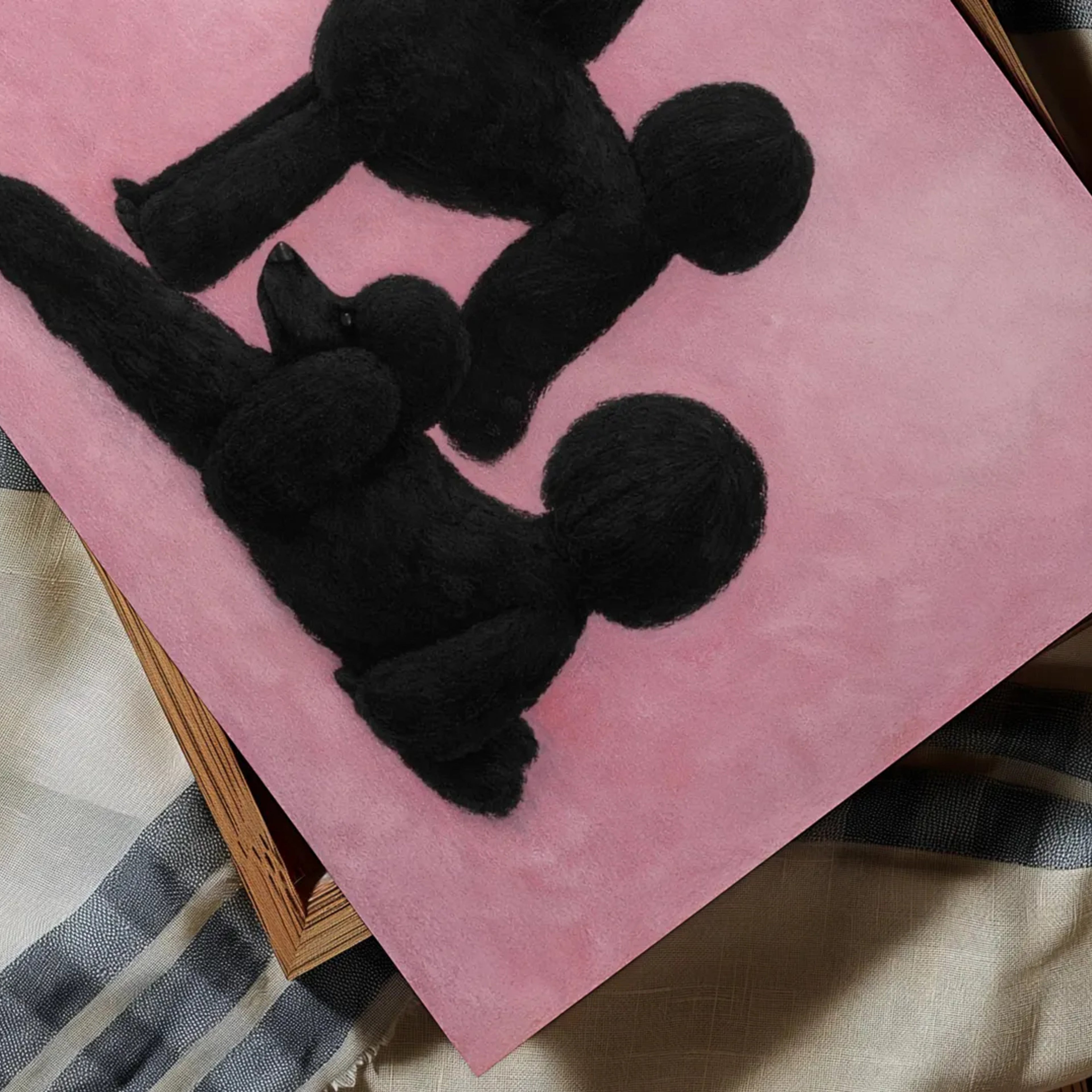 Poodle etiquette is a hand painted Minimalist Contemporary whimsical wall art print of two black poodles against a pink background, inspired by quiet luxury interiors with expressive painterly texture. Minimalist Mid century modern figurative poodle dogs oil painting in cinematic nostalgia composition.