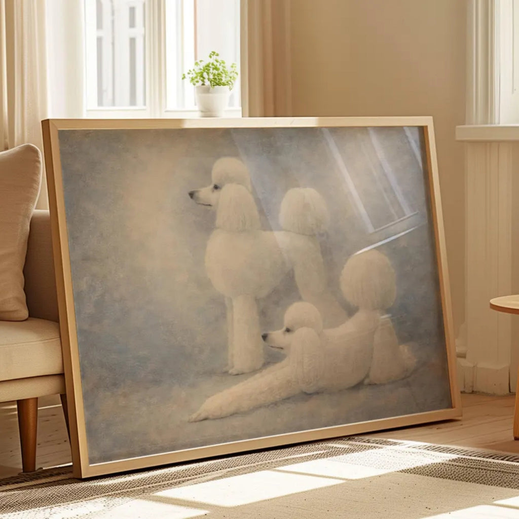 Poodle etiquette is a hand painted Minimalist Contemporary whimsical wall art print of two white poodles against a pastel blue background, inspired by quiet luxury interiors with expressive painterly texture. Minimalist Mid century modern figurative poodle dogs oil painting in cinematic nostalgia composition.