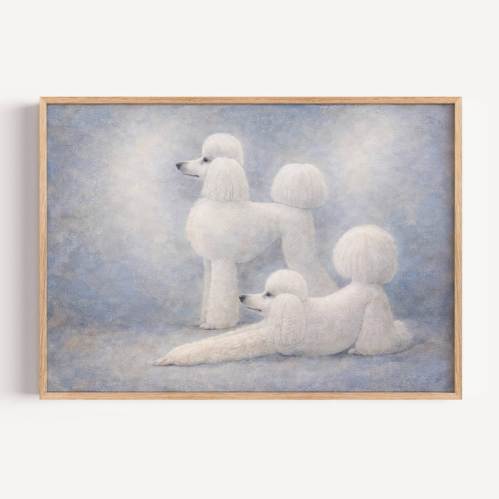Poodle etiquette is a hand painted Minimalist Contemporary whimsical wall art print of two white poodles against a pastel blue background, inspired by quiet luxury interiors with expressive painterly texture. Minimalist Mid century modern figurative poodle dogs oil painting in cinematic nostalgia composition.