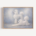 Poodle etiquette is a hand painted Minimalist Contemporary whimsical wall art print of two white poodles against a pastel blue background, inspired by quiet luxury interiors with expressive painterly texture. Minimalist Mid century modern figurative poodle dogs oil painting in cinematic nostalgia composition.