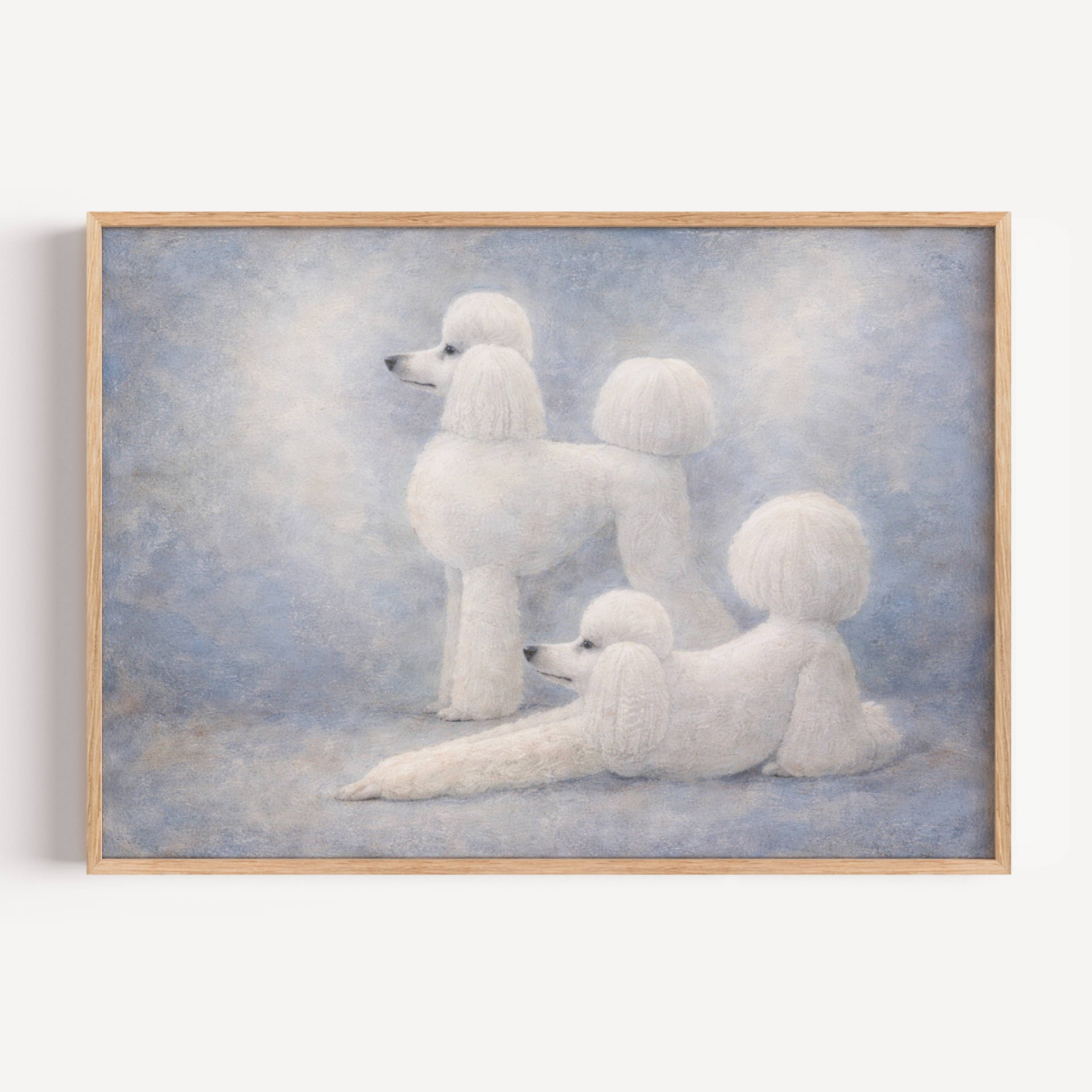 Poodle etiquette is a hand painted Minimalist Contemporary whimsical wall art print of two white poodles against a pastel blue background, inspired by quiet luxury interiors with expressive painterly texture. Minimalist Mid century modern figurative poodle dogs oil painting in cinematic nostalgia composition.