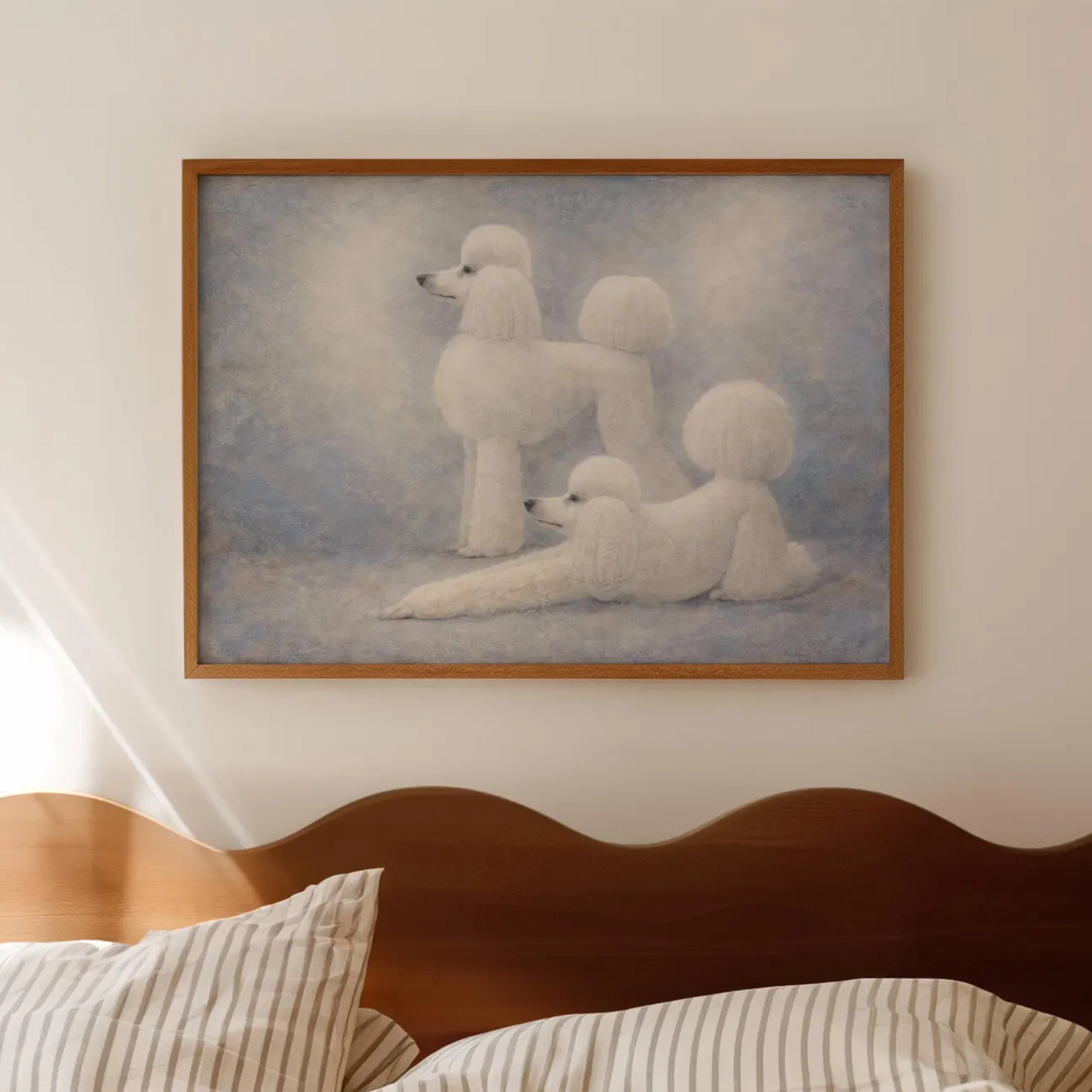 Poodle etiquette is a hand painted Minimalist Contemporary whimsical wall art print of two white poodles against a pastel blue background, inspired by quiet luxury interiors with expressive painterly texture. Minimalist Mid century modern figurative poodle dogs oil painting in cinematic nostalgia composition.