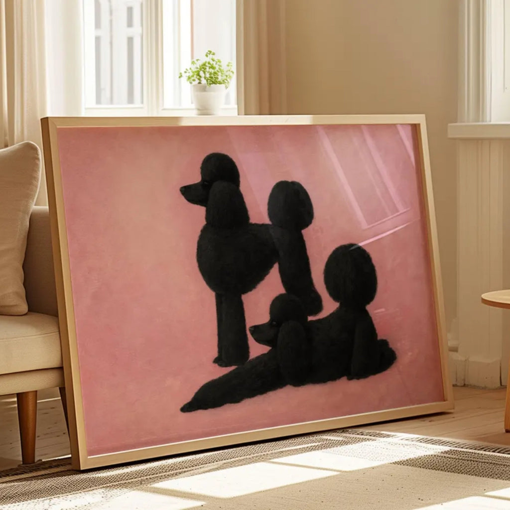 Poodle etiquette is a hand painted Minimalist Contemporary whimsical wall art print of two white poodles against a pastel blue background, inspired by quiet luxury interiors with expressive painterly texture. Minimalist Mid century modern figurative poodle dogs oil painting in cinematic nostalgia composition.