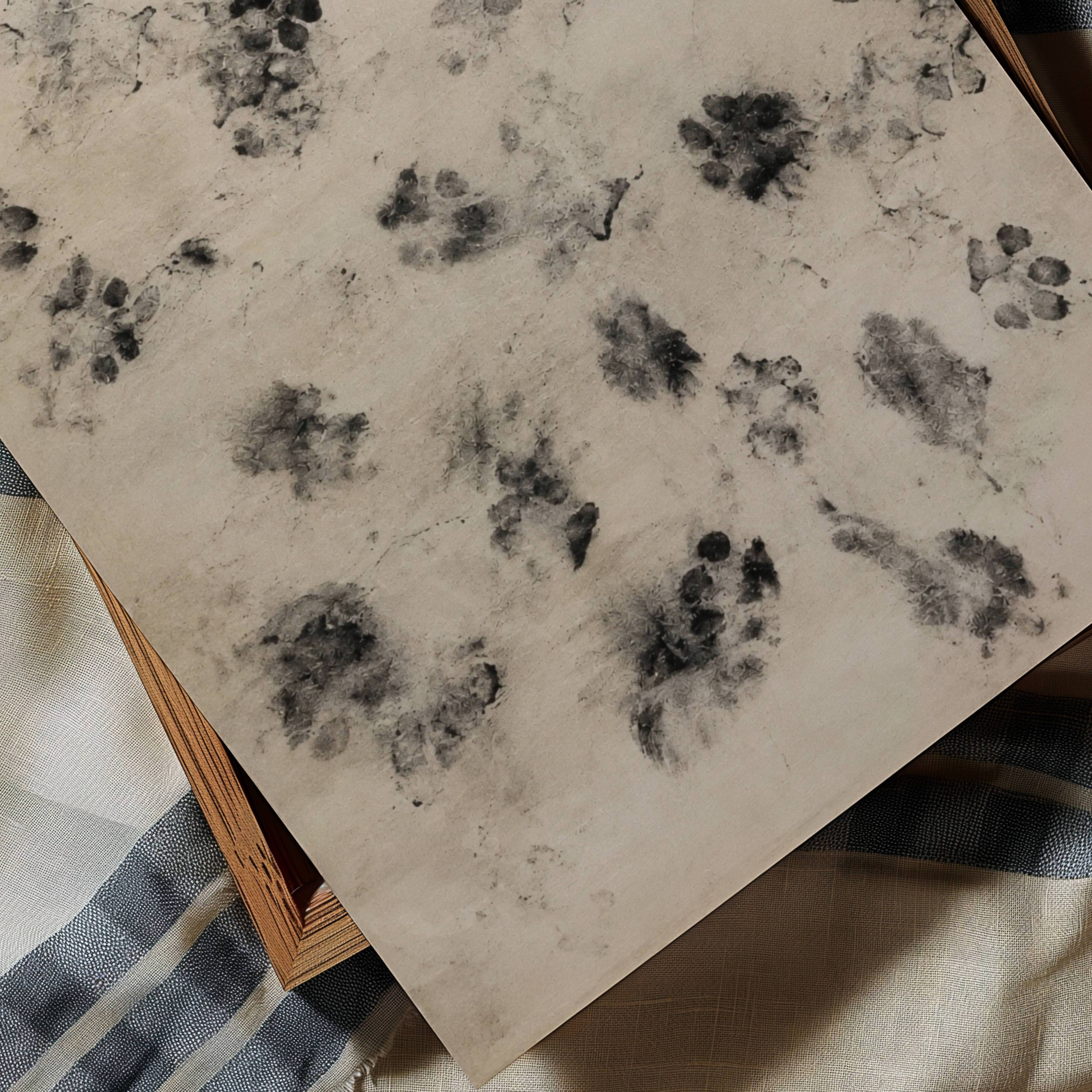 proof of life is a retro vintage wall art print with abstract dog paws scattered across a surface, on a textured neutral background. Featuring soft monochromatic markings in an abstract contemporary painting style.