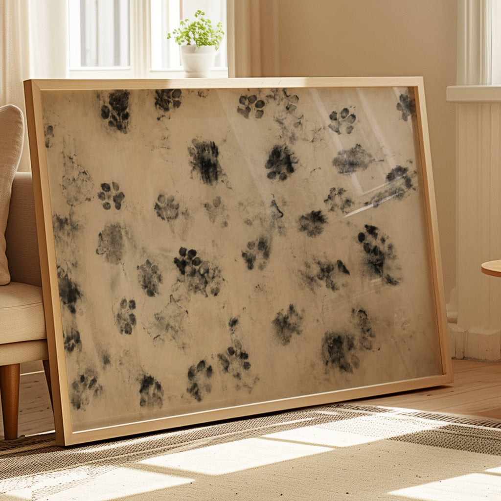proof of life is a retro vintage wall art print with abstract dog paws scattered across a surface, on a textured neutral background. Featuring soft monochromatic markings in an abstract contemporary painting style.