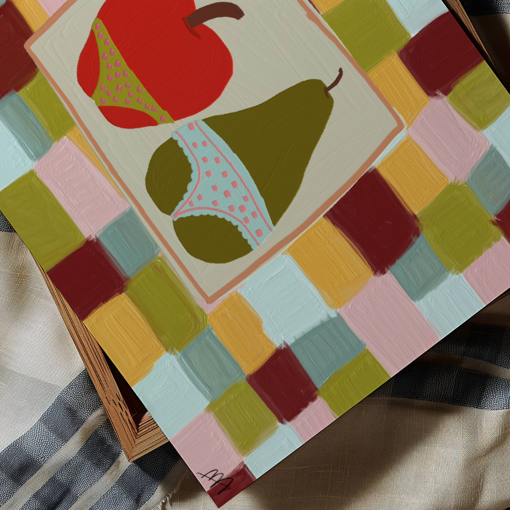 Playful Hand drawn Fruits Kitchen wall art with an illustrated apple and a pear wearing underwear on a colourful checkerboard background. This is a hand drawn Food Oil Painting kitchen and bar cart art Print decor for playful kitchens, dining spaces and eclectic interiors.