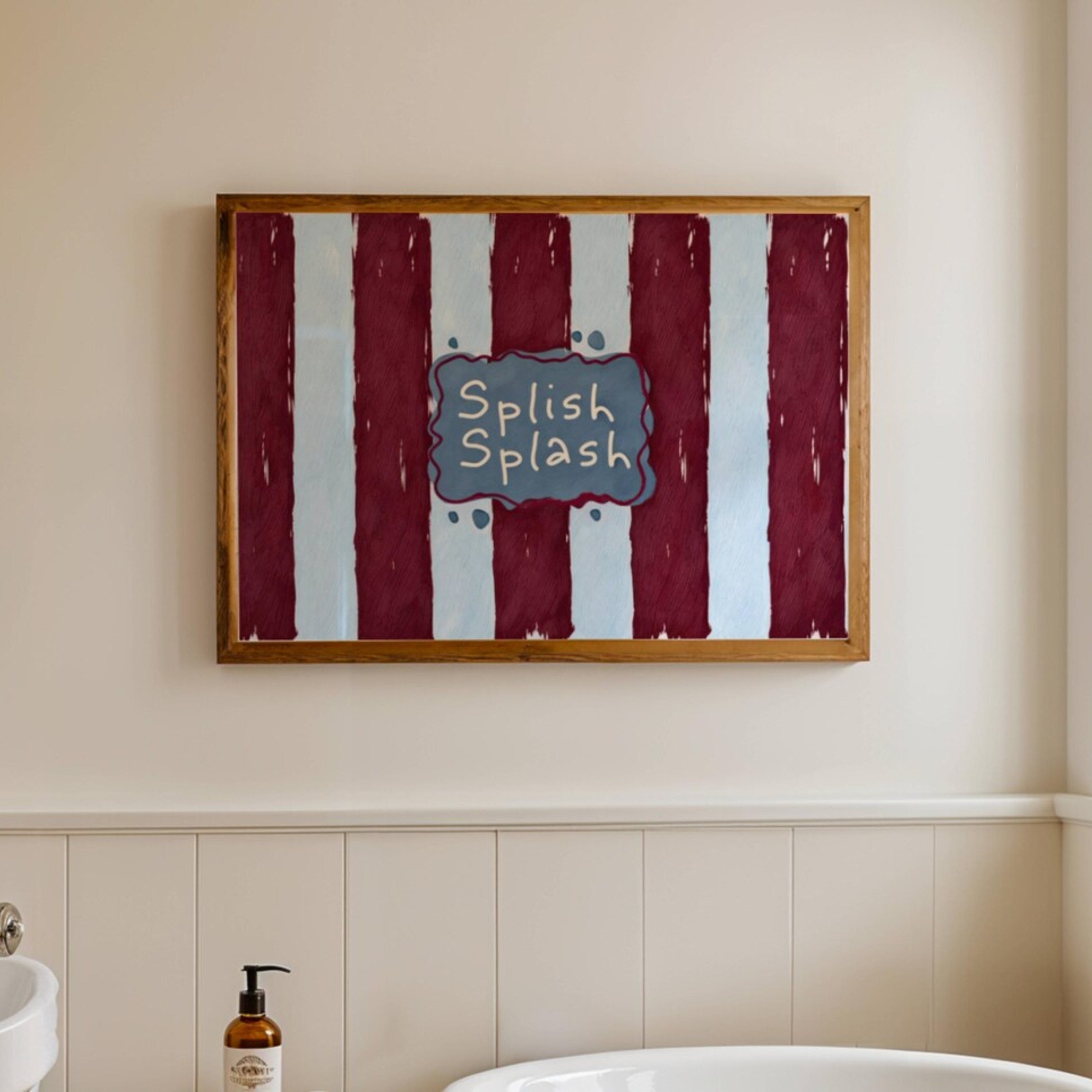 SPLISH SPLASH is a whimsical Retro typography art print designed to bring humour, colour and personality into your bathroom and laundry room. Featuring vintage-inspired Striped patterns and hand-lettered typography, this artwork captures the nostalgic charm while adding a playful decorative touch to modern interiors. this is a hand drawn Retro quote wall art, ideal for bathrooms, laundry room decor, and cheeky playful interiors. Blue burgundy