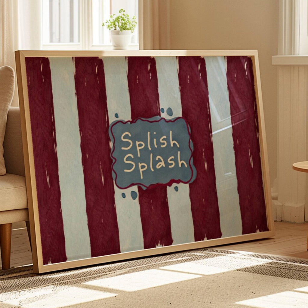 SPLISH SPLASH is a whimsical Retro typography art print designed to bring humour, colour and personality into your bathroom and laundry room. Featuring vintage-inspired Striped patterns and hand-lettered typography, this artwork captures the nostalgic charm while adding a playful decorative touch to modern interiors. this is a hand drawn Retro quote wall art, ideal for bathrooms, laundry room decor, and cheeky playful interiors. Blue burgundy