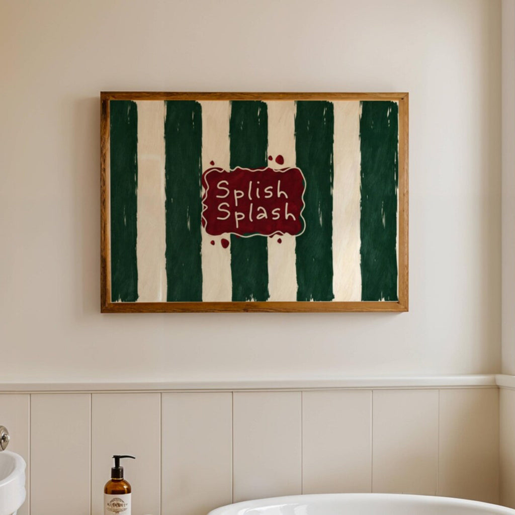 SPLISH SPLASH is a whimsical Retro typography art print designed to bring humour, colour and personality into your bathroom and laundry room. Featuring vintage-inspired Striped patterns and hand-lettered typography, this artwork captures the nostalgic charm while adding a playful decorative touch to modern interiors. this is a hand drawn Retro quote wall art, ideal for bathrooms, laundry room decor, and cheeky playful interiors. green burgundy