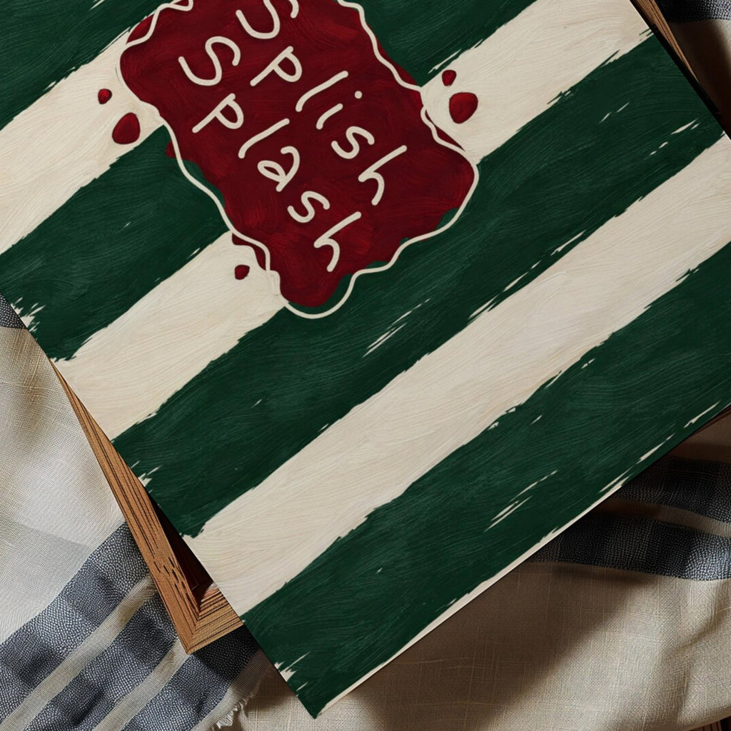 SPLISH SPLASH is a whimsical Retro typography art print designed to bring humour, colour and personality into your bathroom and laundry room. Featuring vintage-inspired Striped patterns and hand-lettered typography, this artwork captures the nostalgic charm while adding a playful decorative touch to modern interiors. this is a hand drawn Retro quote wall art, ideal for bathrooms, laundry room decor, and cheeky playful interiors. khaki  burgundy