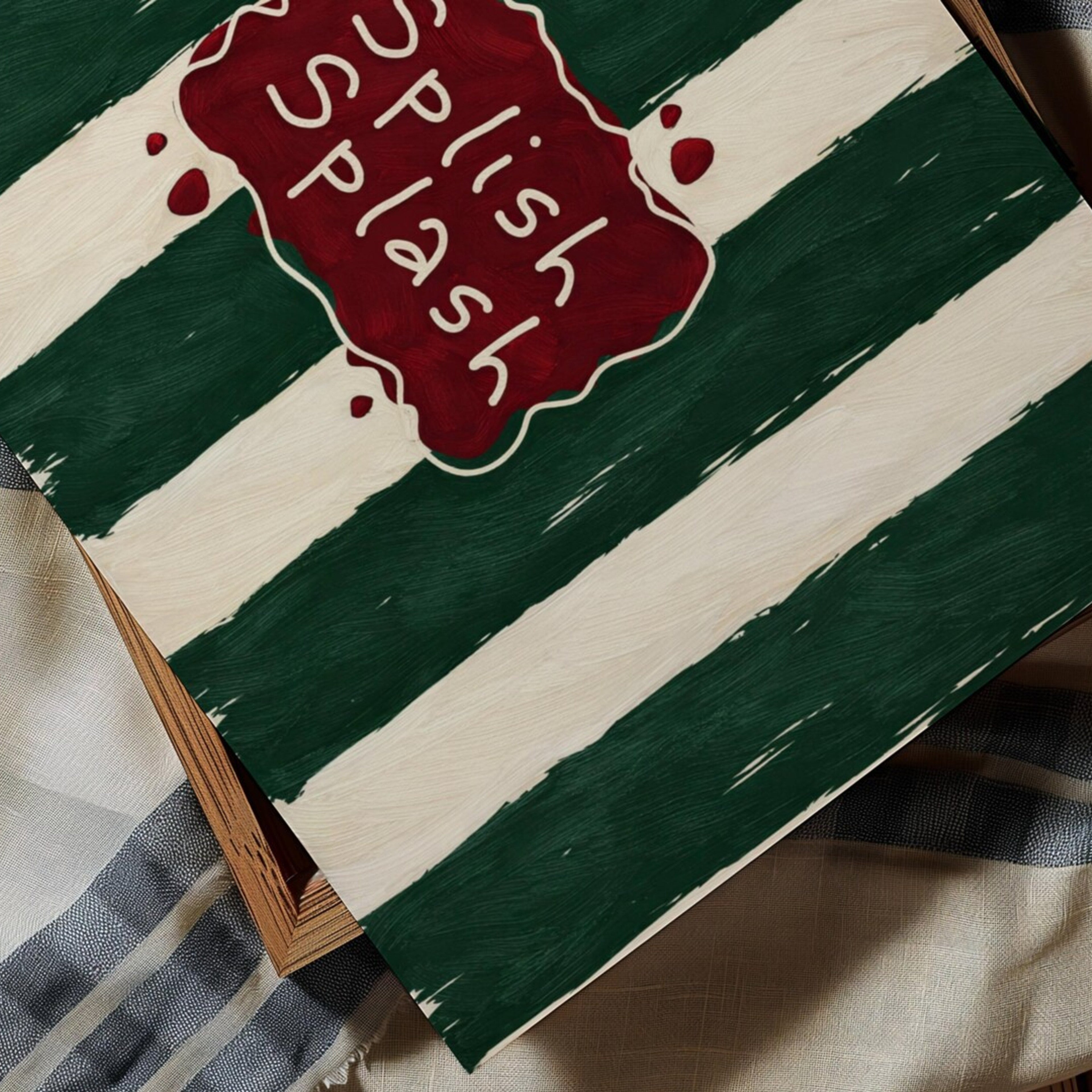 SPLISH SPLASH is a whimsical Retro typography art print designed to bring humour, colour and personality into your bathroom and laundry room. Featuring vintage-inspired Striped patterns and hand-lettered typography, this artwork captures the nostalgic charm while adding a playful decorative touch to modern interiors. this is a hand drawn Retro quote wall art, ideal for bathrooms, laundry room decor, and cheeky playful interiors. khaki  burgundy