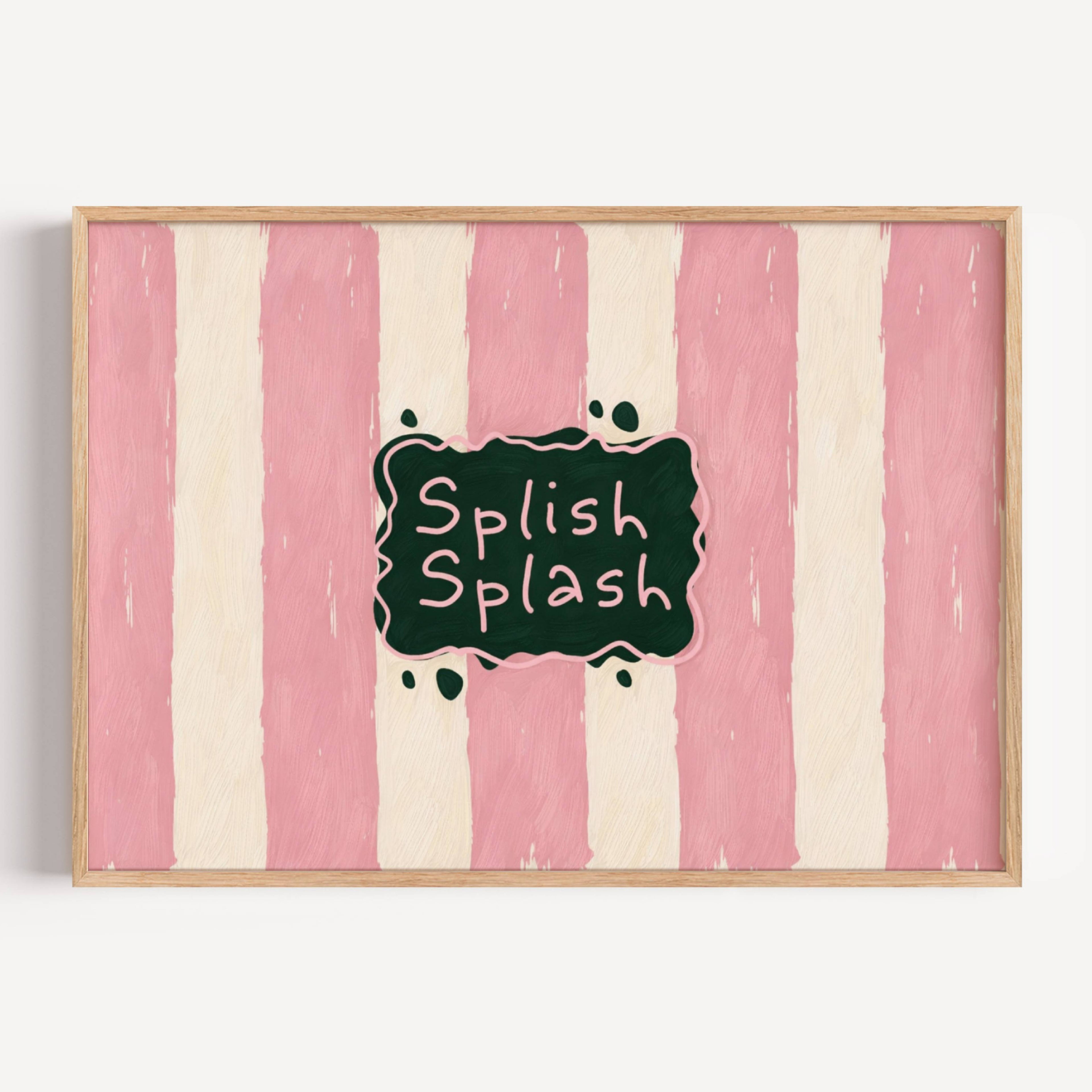 SPLISH SPLASH is a whimsical Retro typography art print designed to bring humour, colour and personality into your bathroom and laundry room. Featuring vintage-inspired Striped patterns and hand-lettered typography, this artwork captures the nostalgic charm while adding a playful decorative touch to modern interiors. this is a hand drawn Retro quote wall art, ideal for bathrooms, laundry room decor, and cheeky playful interiors. pink green