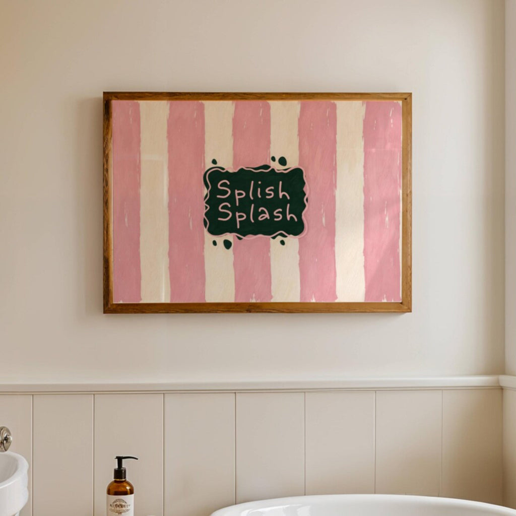 SPLISH SPLASH is a whimsical Retro typography art print designed to bring humour, colour and personality into your bathroom and laundry room. Featuring vintage-inspired Striped patterns and hand-lettered typography, this artwork captures the nostalgic charm while adding a playful decorative touch to modern interiors. this is a hand drawn Retro quote wall art, ideal for bathrooms, laundry room decor, and cheeky playful interiors. pink green