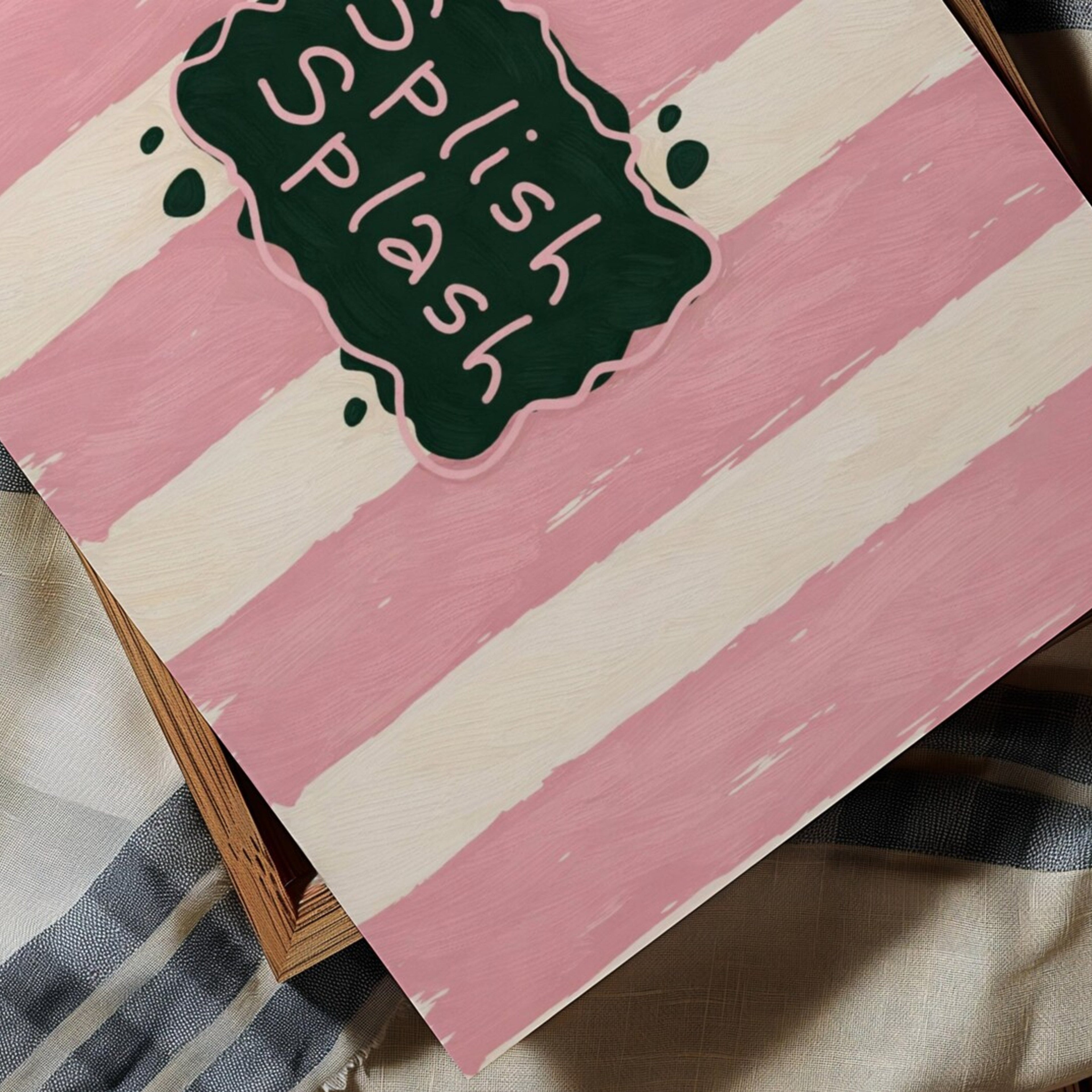 SPLISH SPLASH is a whimsical Retro typography art print designed to bring humour, colour and personality into your bathroom and laundry room. Featuring vintage-inspired Striped patterns and hand-lettered typography, this artwork captures the nostalgic charm while adding a playful decorative touch to modern interiors. this is a hand drawn Retro quote wall art, ideal for bathrooms, laundry room decor, and cheeky playful interiors . pink green