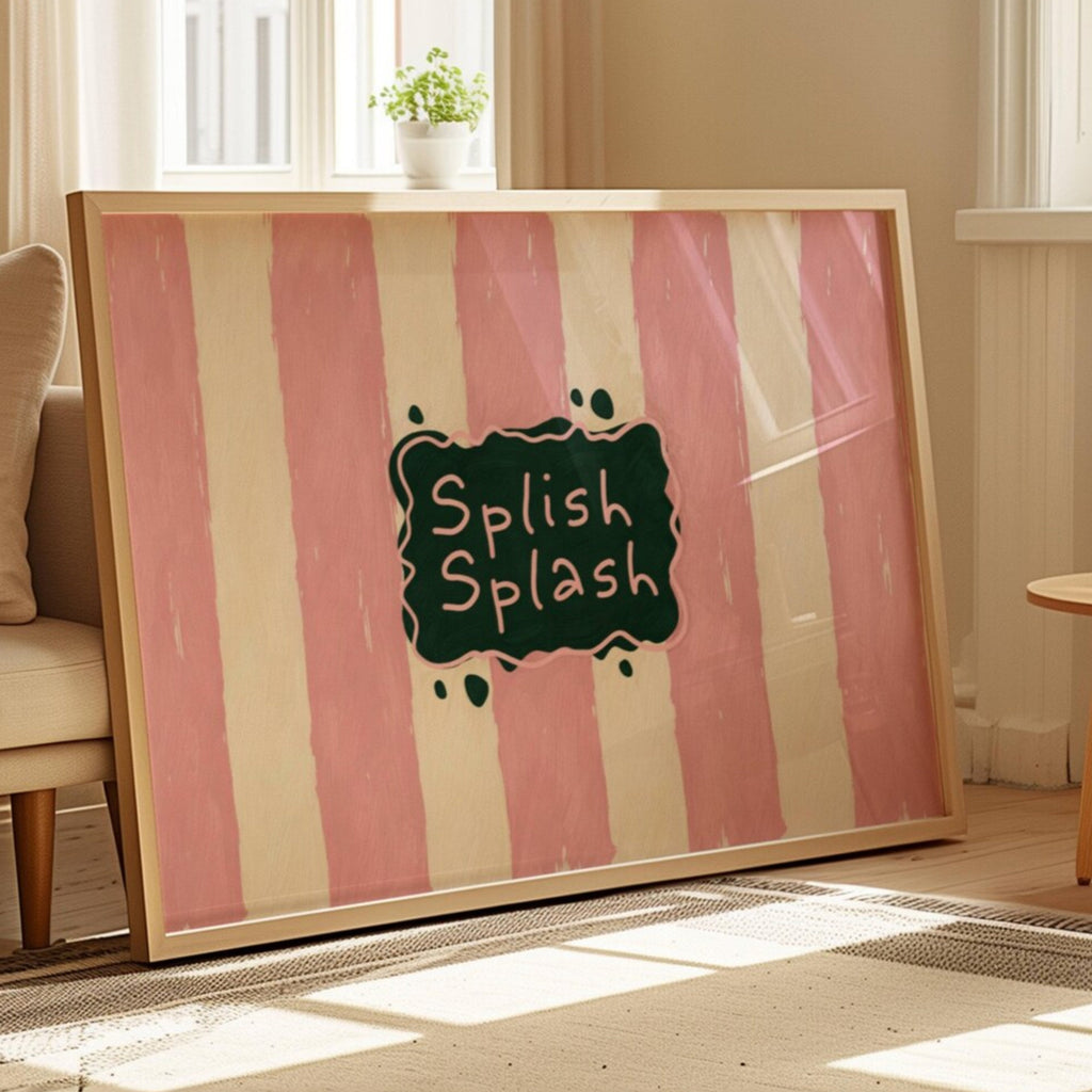 SPLISH SPLASH is a whimsical Retro typography art print designed to bring humour, colour and personality into your bathroom and laundry room. Featuring vintage-inspired Striped patterns and hand-lettered typography, this artwork captures the nostalgic charm while adding a playful decorative touch to modern interiors. this is a hand drawn Retro quote wall art, ideal for bathrooms, laundry room decor, and cheeky playful interiors. pink green