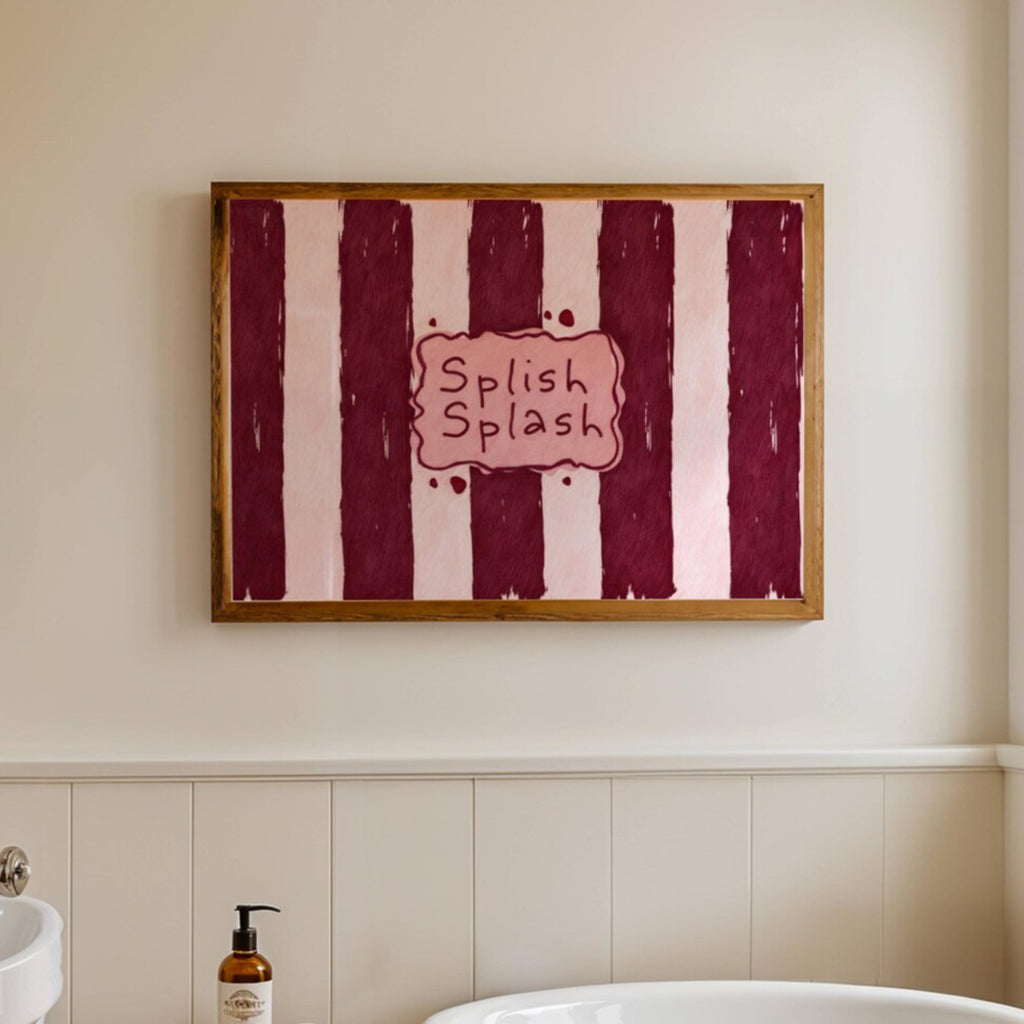 SPLISH SPLASH is a whimsical Retro typography art print designed to bring humour, colour and personality into your bathroom and laundry room. Featuring vintage-inspired Striped patterns and hand-lettered typography, this artwork captures the nostalgic charm while adding a playful decorative touch to modern interiors. this is a hand drawn Retro quote wall art, ideal for bathrooms, laundry room decor, and cheeky playful interiors. pink burgundy