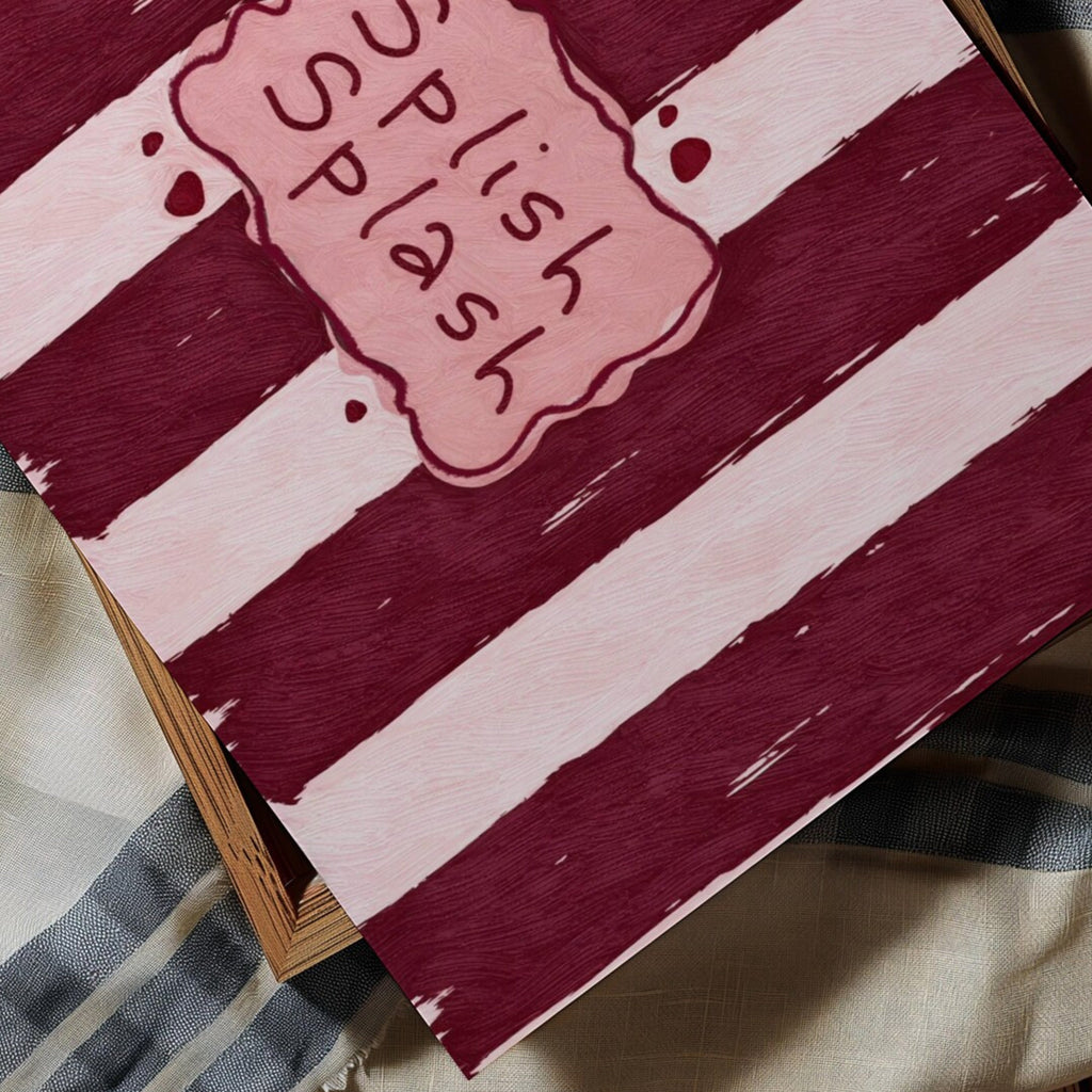 SPLISH SPLASH is a whimsical Retro typography art print designed to bring humour, colour and personality into your bathroom and laundry room. Featuring vintage-inspired Striped patterns and hand-lettered typography, this artwork captures the nostalgic charm while adding a playful decorative touch to modern interiors. this is a hand drawn Retro quote wall art, ideal for bathrooms, laundry room decor, and cheeky playful interiors. pink burgundy