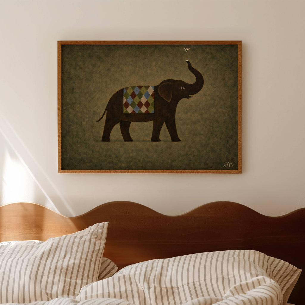 surreal elephant art print with a martini detail, in earthy khaki tones with a painterly texture. It is a hand drawn oil painting, figurative animal art. contemporary, mid century modern style
