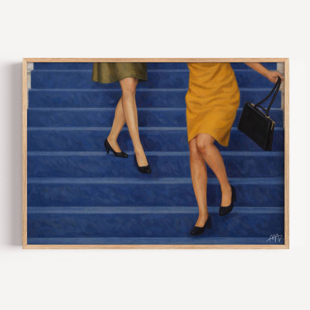 The Blue Staircase is a hand painted Contemporary and figurative wall art of two women descending deep blue stairs, inspired by European cinema and nostalgic mid century aesthetics, against a blue background with expressive painterly texture. Minimalist Feminine Mid century modern oil painting in cinematic nostalgia composition.
