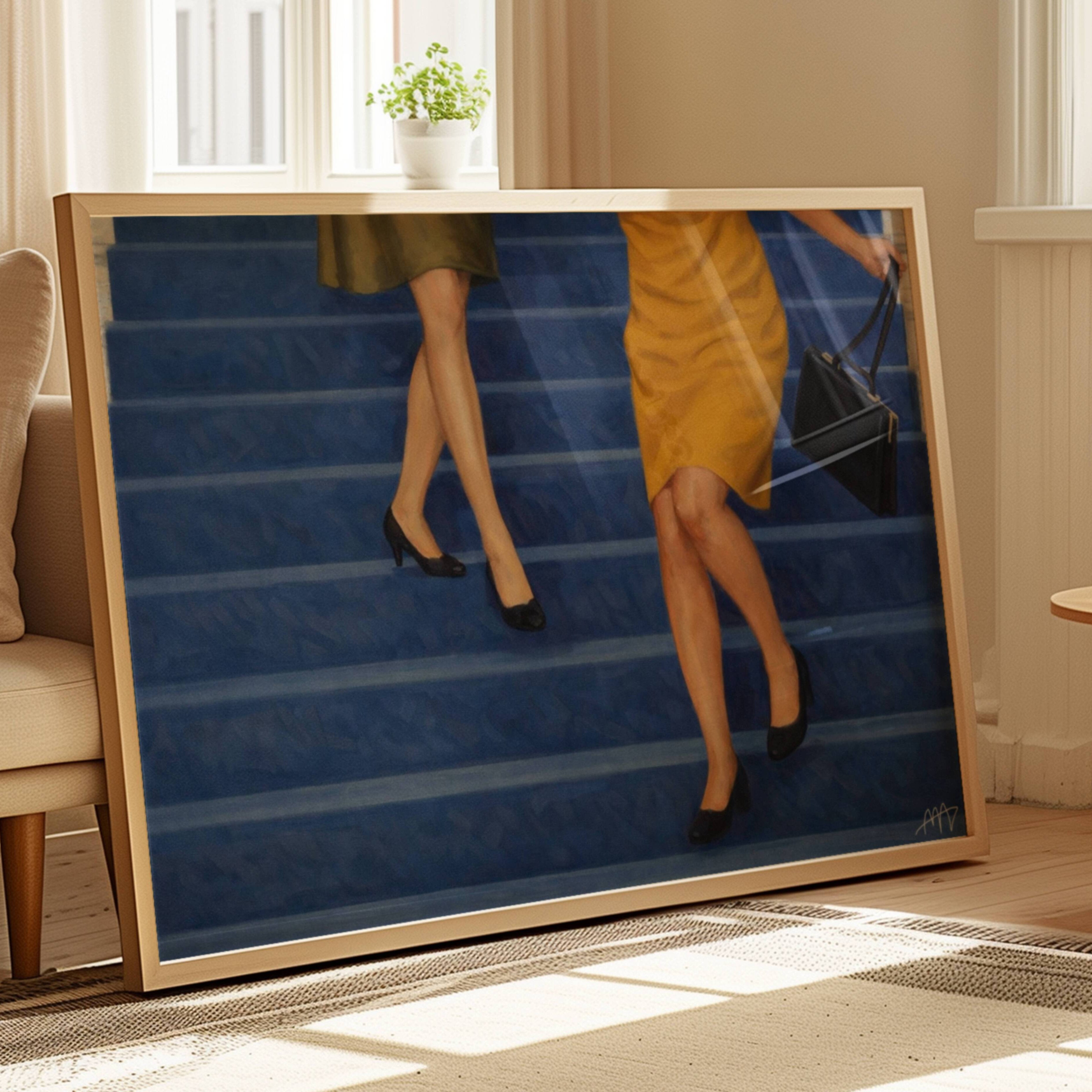 The Blue Staircase is a hand painted Contemporary and figurative wall art of two women descending deep blue stairs, inspired by European cinema and nostalgic mid century aesthetics, against a blue background with expressive painterly texture. Minimalist Feminine Mid century modern oil painting in cinematic nostalgia composition.