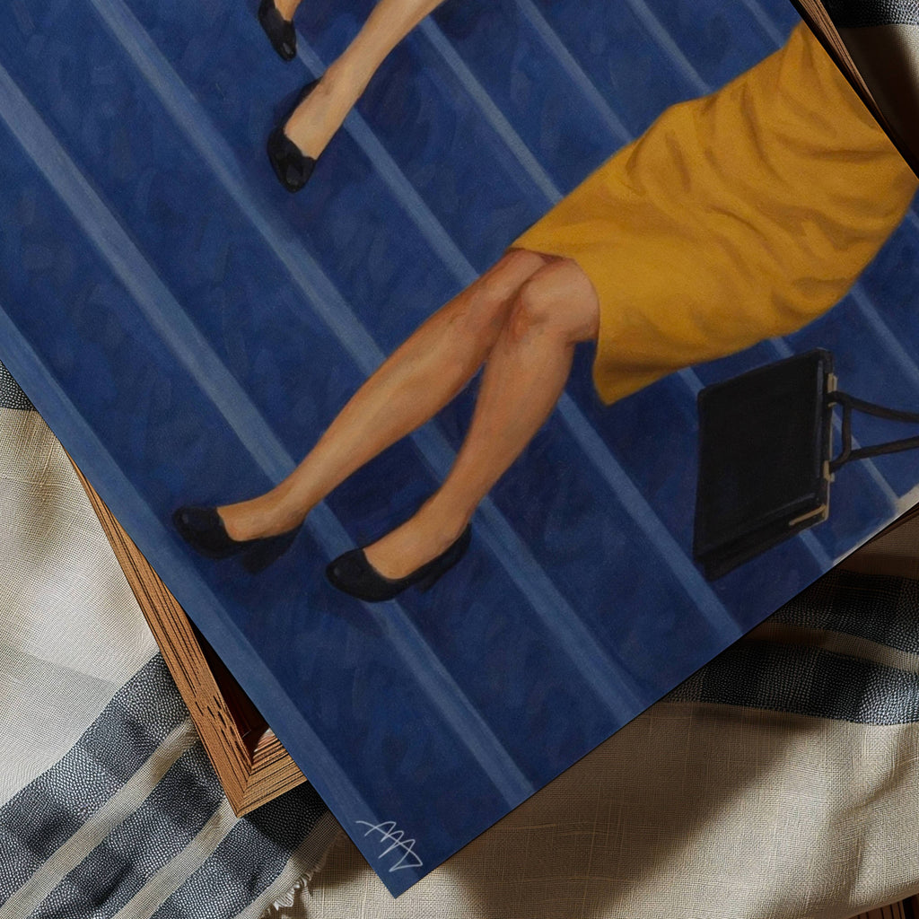 The Blue Staircase is a hand painted Contemporary and figurative wall art of two women descending deep blue stairs, inspired by European cinema and nostalgic mid century aesthetics, against a blue background with expressive painterly texture. Minimalist Feminine Mid century modern oil painting in cinematic nostalgia composition.
