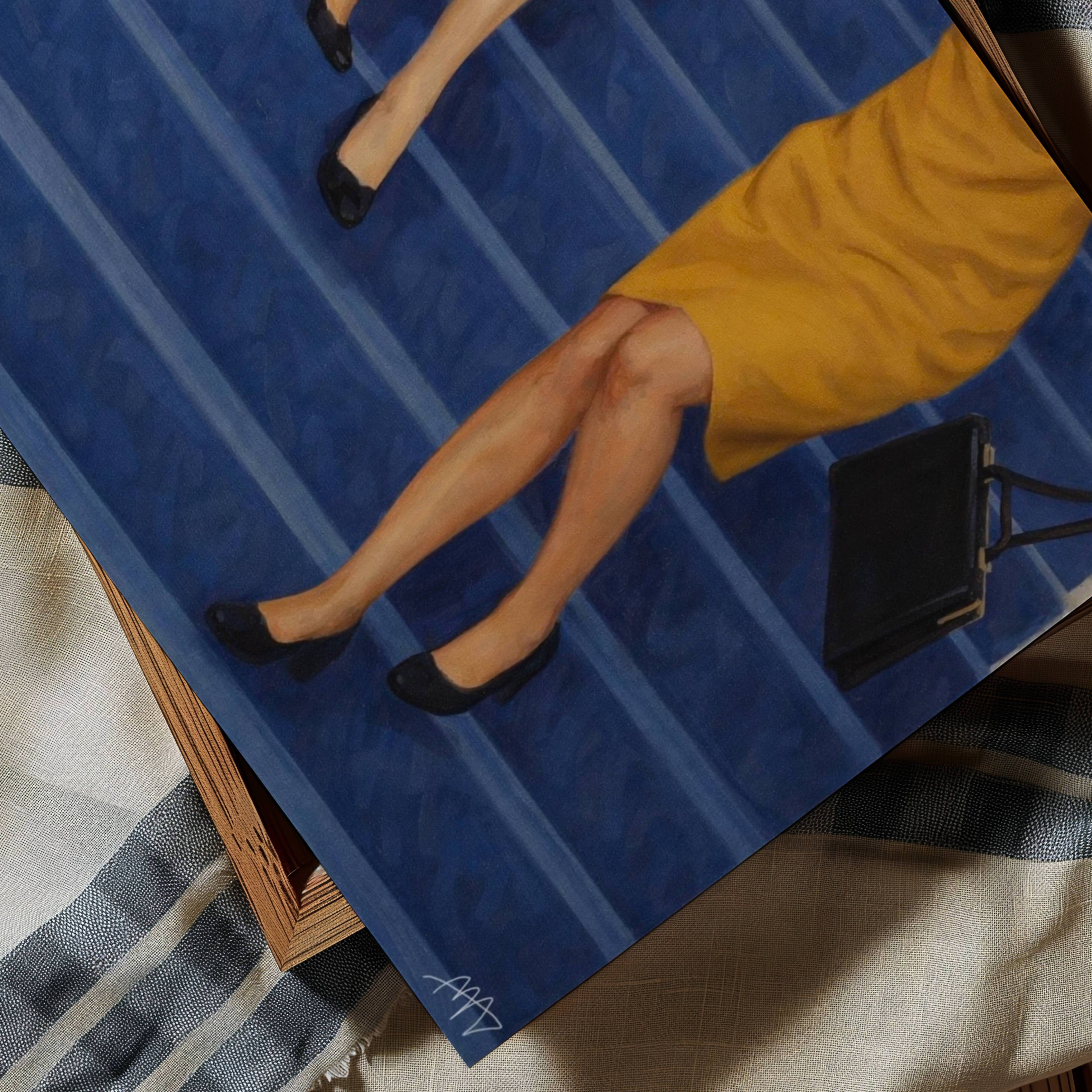 The Blue Staircase is a hand painted Contemporary and figurative wall art of two women descending deep blue stairs, inspired by European cinema and nostalgic mid century aesthetics, against a blue background with expressive painterly texture. Minimalist Feminine Mid century modern oil painting in cinematic nostalgia composition.
