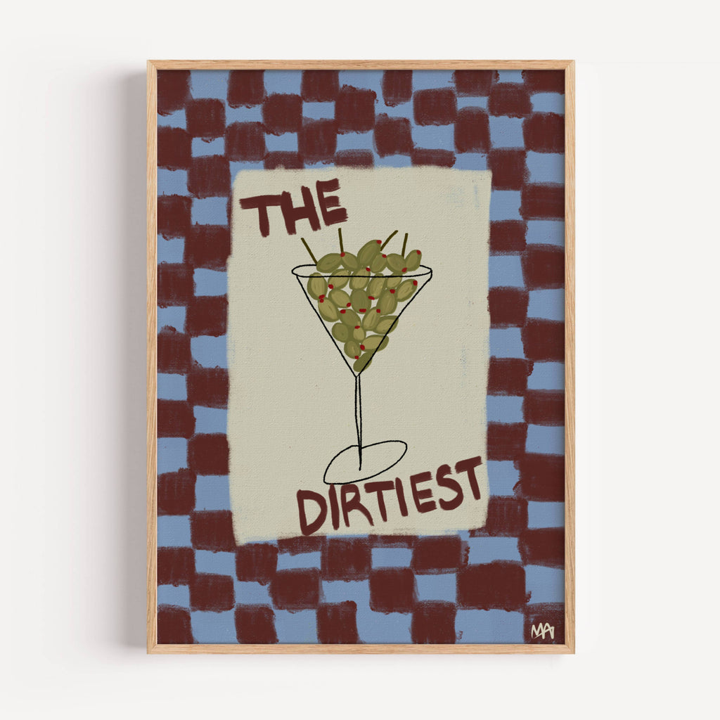 Playful Hand drawn Kitchen Funny Typography wall art with an Olive Martini illustration and the phrase "The Dirtiest" on a retro checkered background in blue and burgundy tones. This is a hand drawn Oil Painting kitchen and bar cart art Print decor.