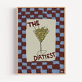 Playful Hand drawn Kitchen Funny Typography wall art with an Olive Martini illustration and the phrase "The Dirtiest" on a retro checkered background in blue and burgundy tones. This is a hand drawn Oil Painting kitchen and bar cart art Print decor.