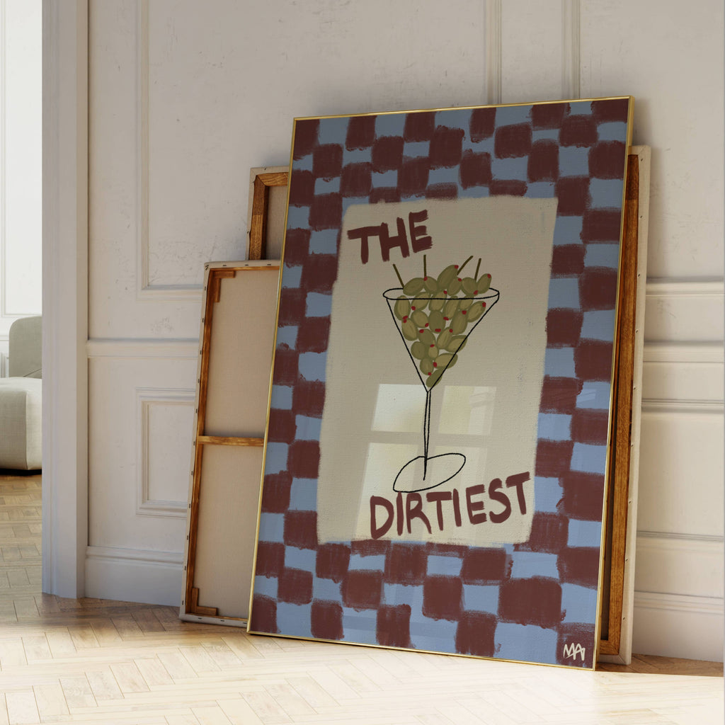 Playful Hand drawn Kitchen Funny Typography wall art with an Olive Martini illustration and the phrase "The Dirtiest" on a retro checkered background in blue and burgundy tones. This is a hand drawn Oil Painting kitchen and bar cart art Print decor.