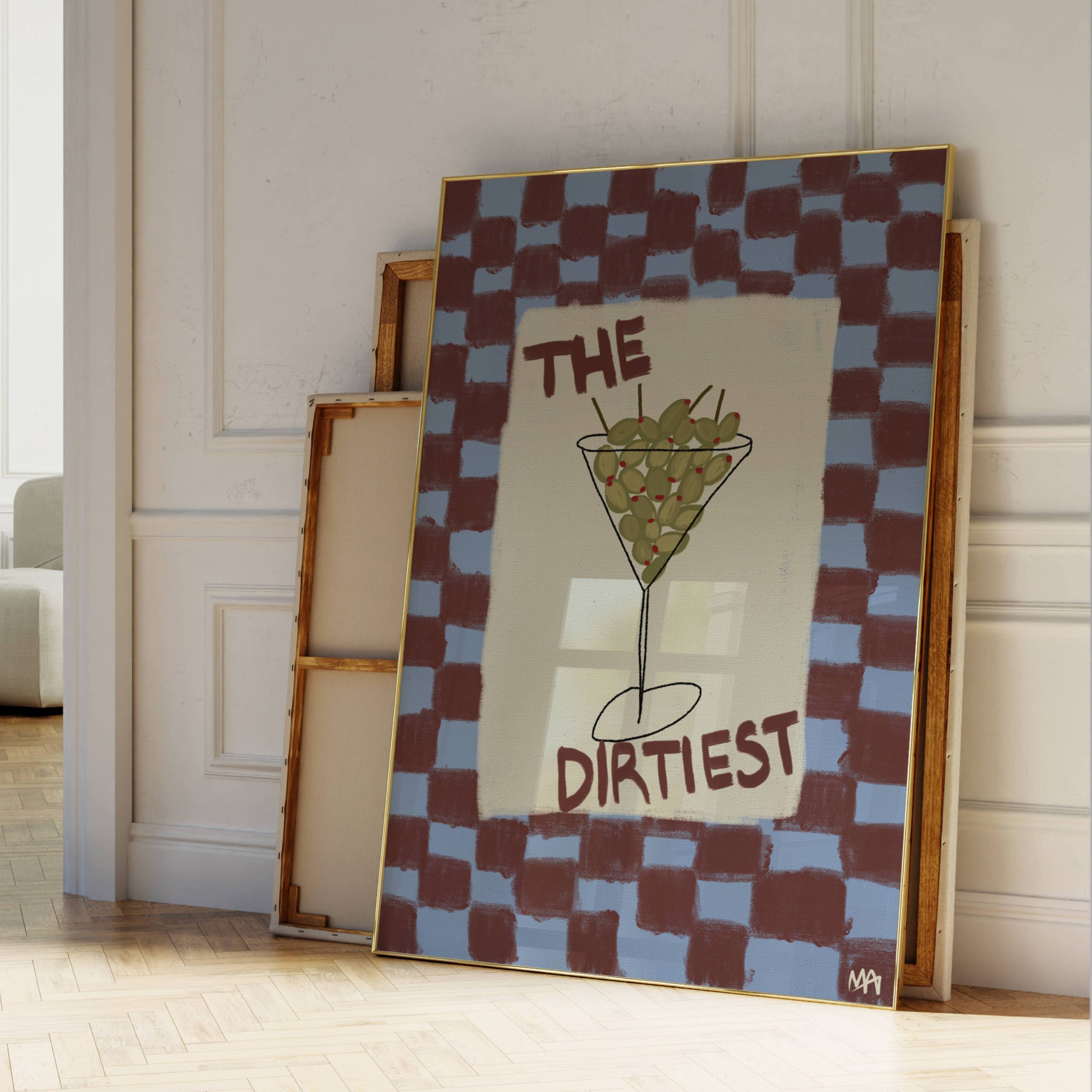 Playful Hand drawn Kitchen Funny Typography wall art with an Olive Martini illustration and the phrase "The Dirtiest" on a retro checkered background in blue and burgundy tones. This is a hand drawn Oil Painting kitchen and bar cart art Print decor.