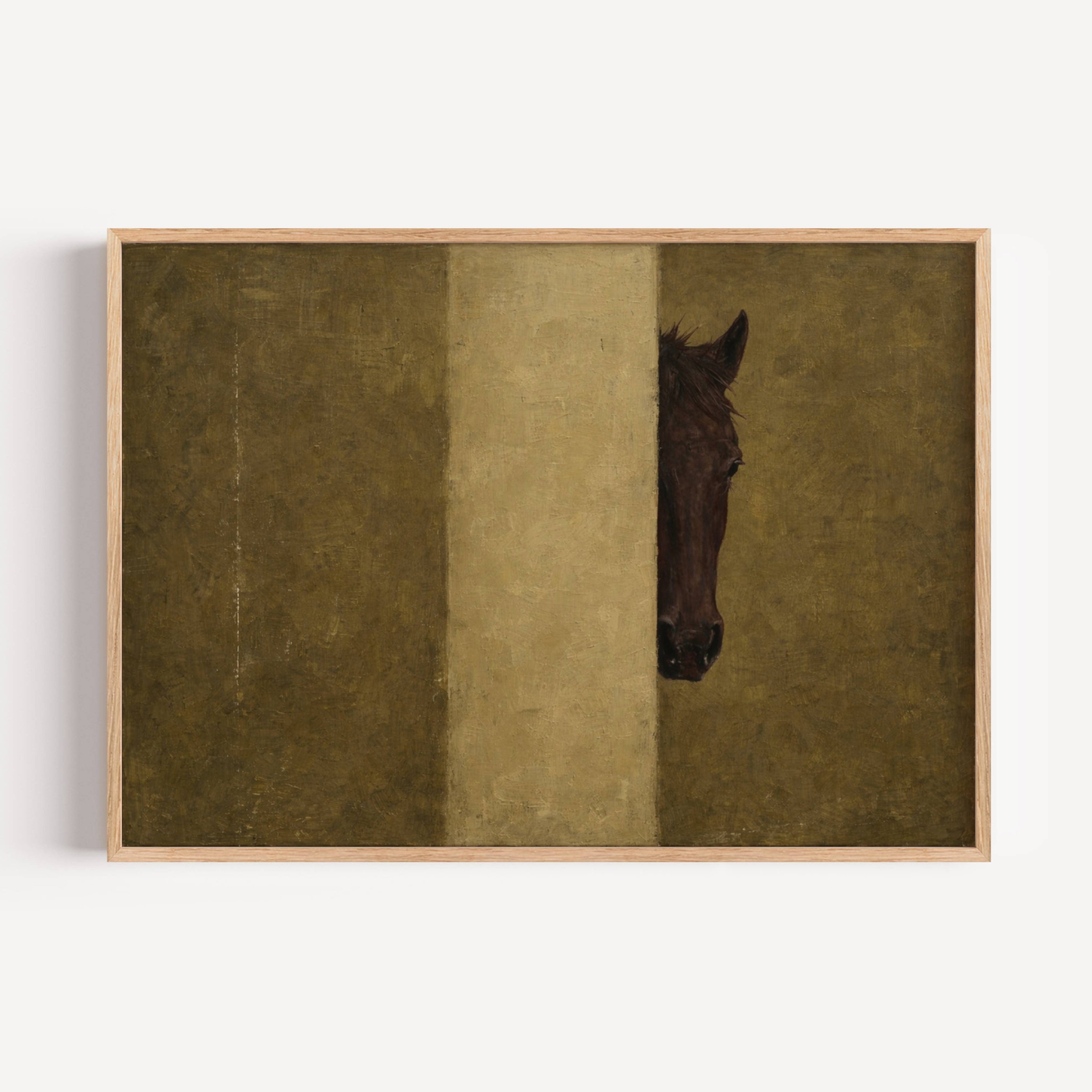 The Hidden Horse is a Contemporary Oil Painting Horse Art Print in earthy khaki tones, featuring a minimalist Horse Portrait