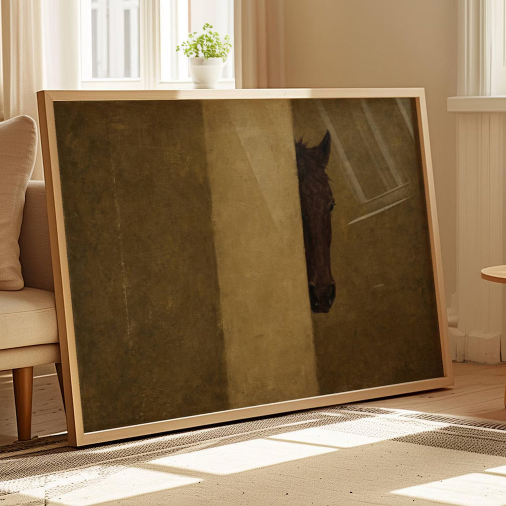 The Hidden Horse is a Contemporary Oil Painting Horse Art Print in earthy khaki tones, featuring a minimalist Horse Portrait