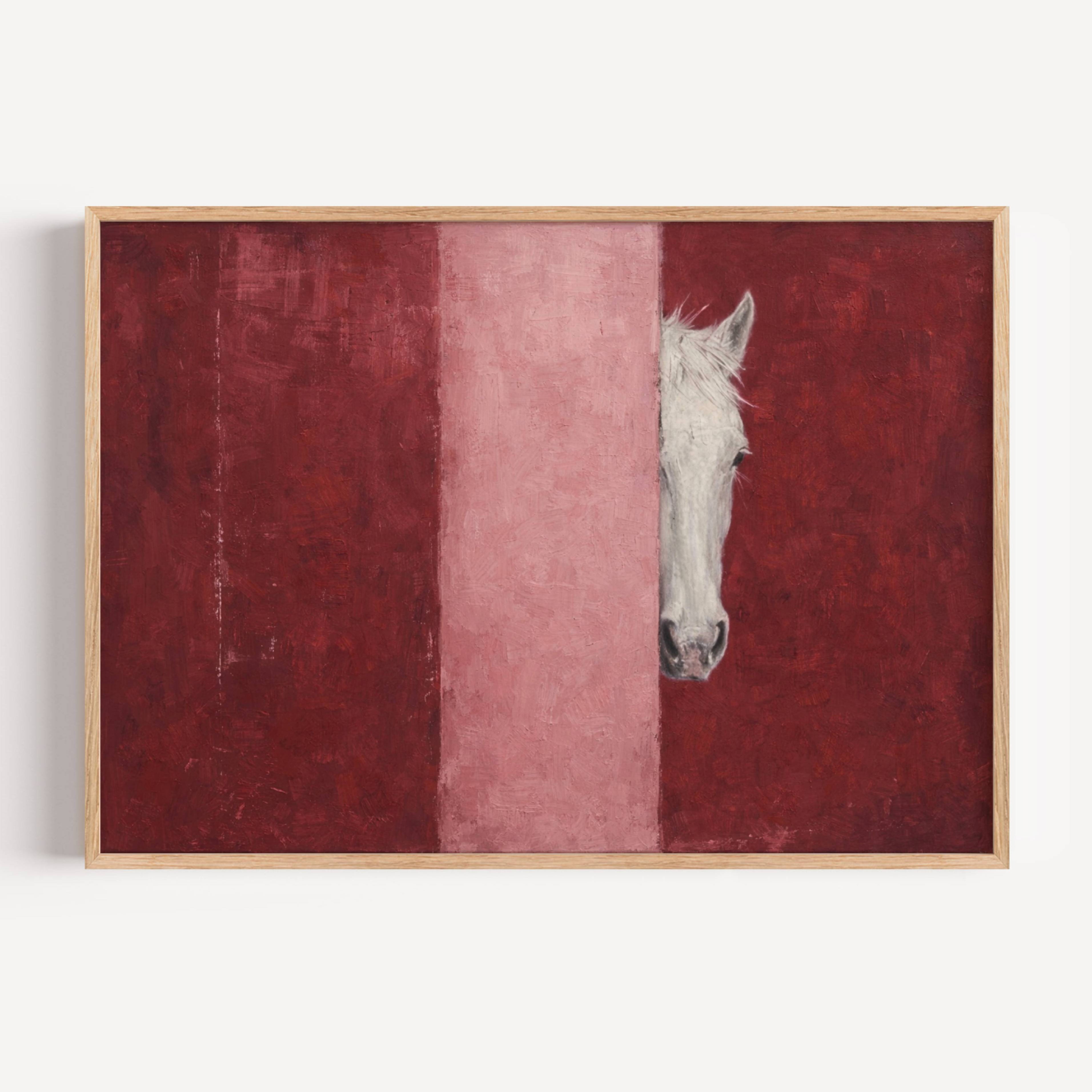 The Hidden Horse is a Contemporary Oil Painting Horse Art Print in pink and burgundy ruby tones, featuring a minimalist Horse Portrait