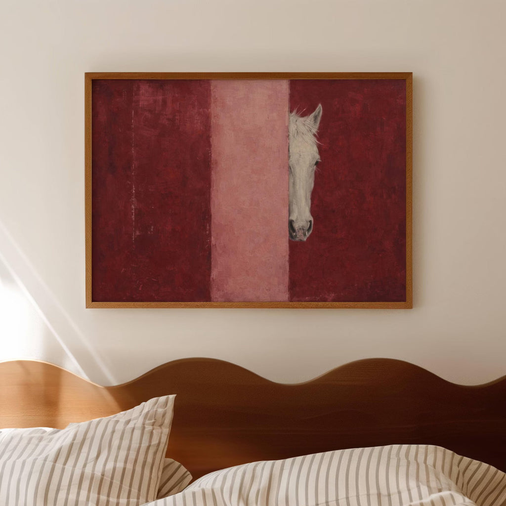 The Hidden Horse is a Contemporary Oil Painting Horse Art Print in Ruby and Pink tones, featuring a minimalist Horse Portrait